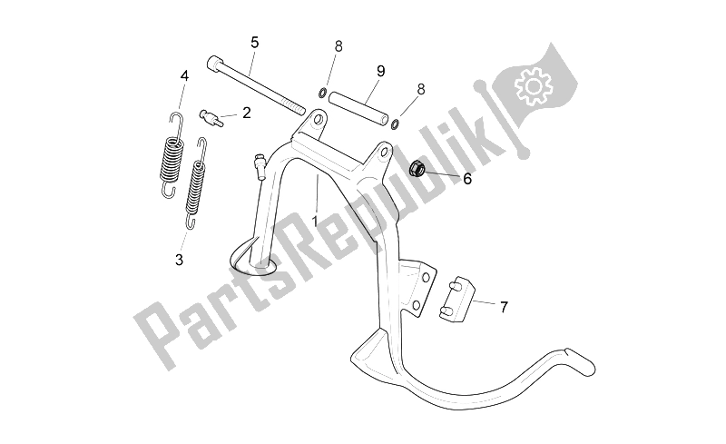 Alle onderdelen voor de Centrale Standaard van de Aprilia Sport City 125 200 250 E3 2006