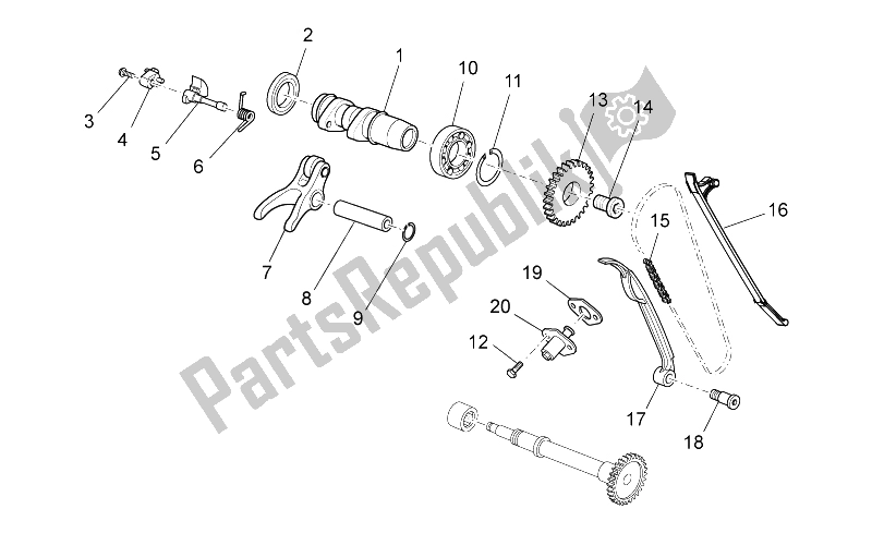 Alle onderdelen voor de Voorste Cilinder Timing Systeem van de Aprilia RXV 450 550 2009