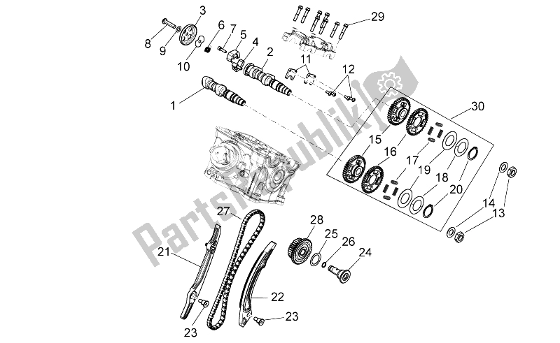 All parts for the Rear Cylinder Timing System of the Aprilia Dorsoduro 1200 2010