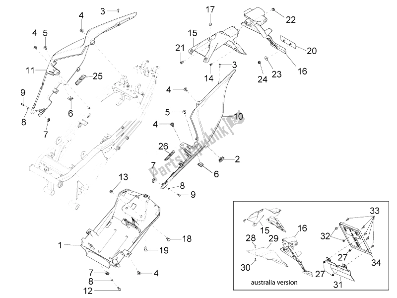 All parts for the Rear Body of the Aprilia RS4 125 4T 2011