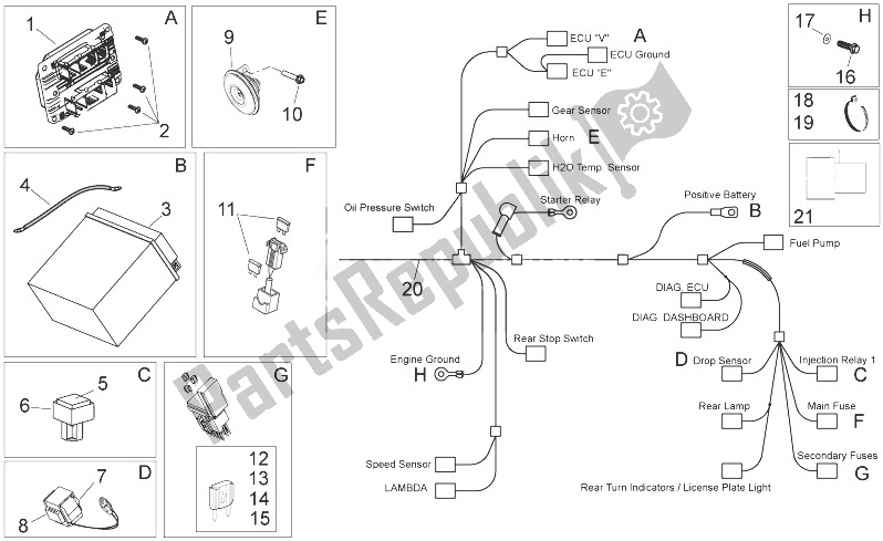Alle onderdelen voor de Elektrisch Systeem I (2) van de Aprilia Shiver 750 USA 2011