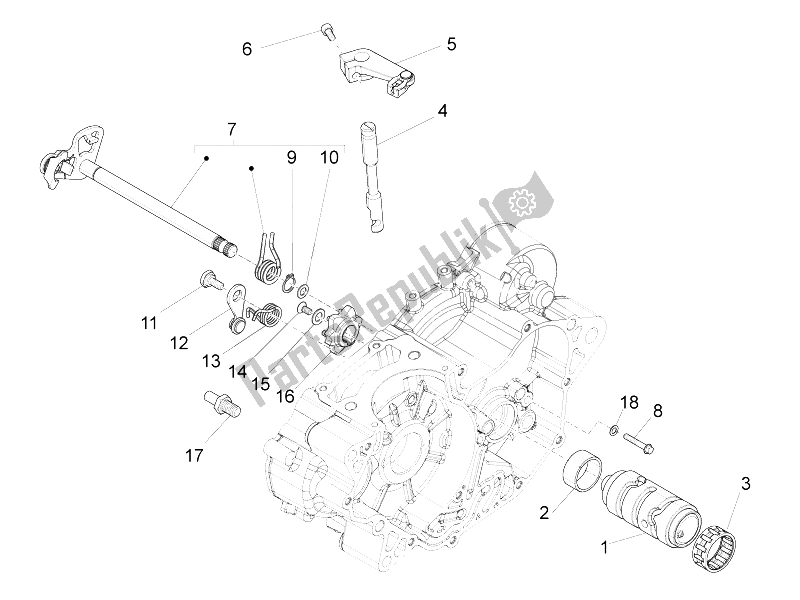 All parts for the Gear Box / Selector / Shift Cam of the Aprilia RS4 125 4T 2011