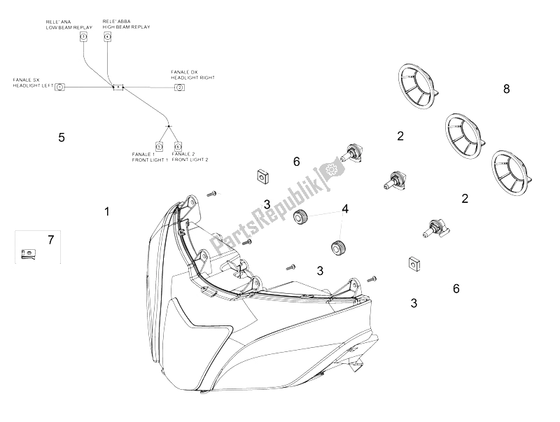 Tutte le parti per il Faro del Aprilia Tuono V4 1100 RR USA CND 2016