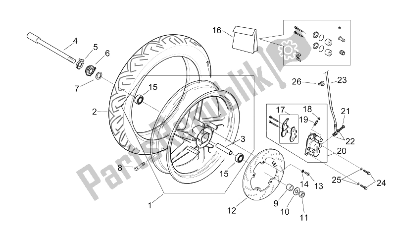 All parts for the Front Wheel of the Aprilia RS 50 1999