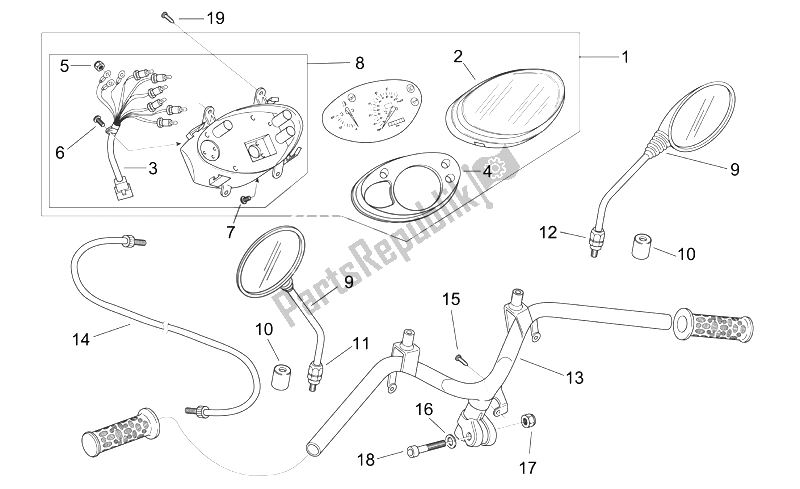 All parts for the Handlebar - Dashboard of the Aprilia Scarabeo 50 2T E2 NET 2009