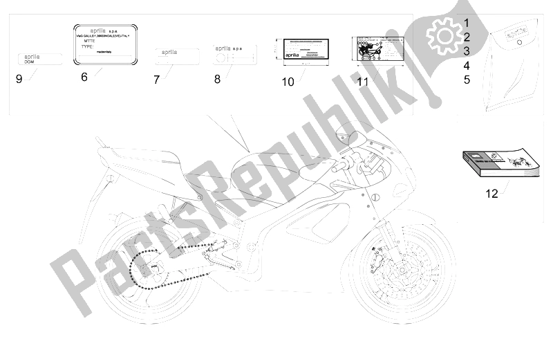 Toutes les pièces pour le Ensemble De Plaques Et Décalcomanie du Aprilia RS 125 ENG 122 CC 1996