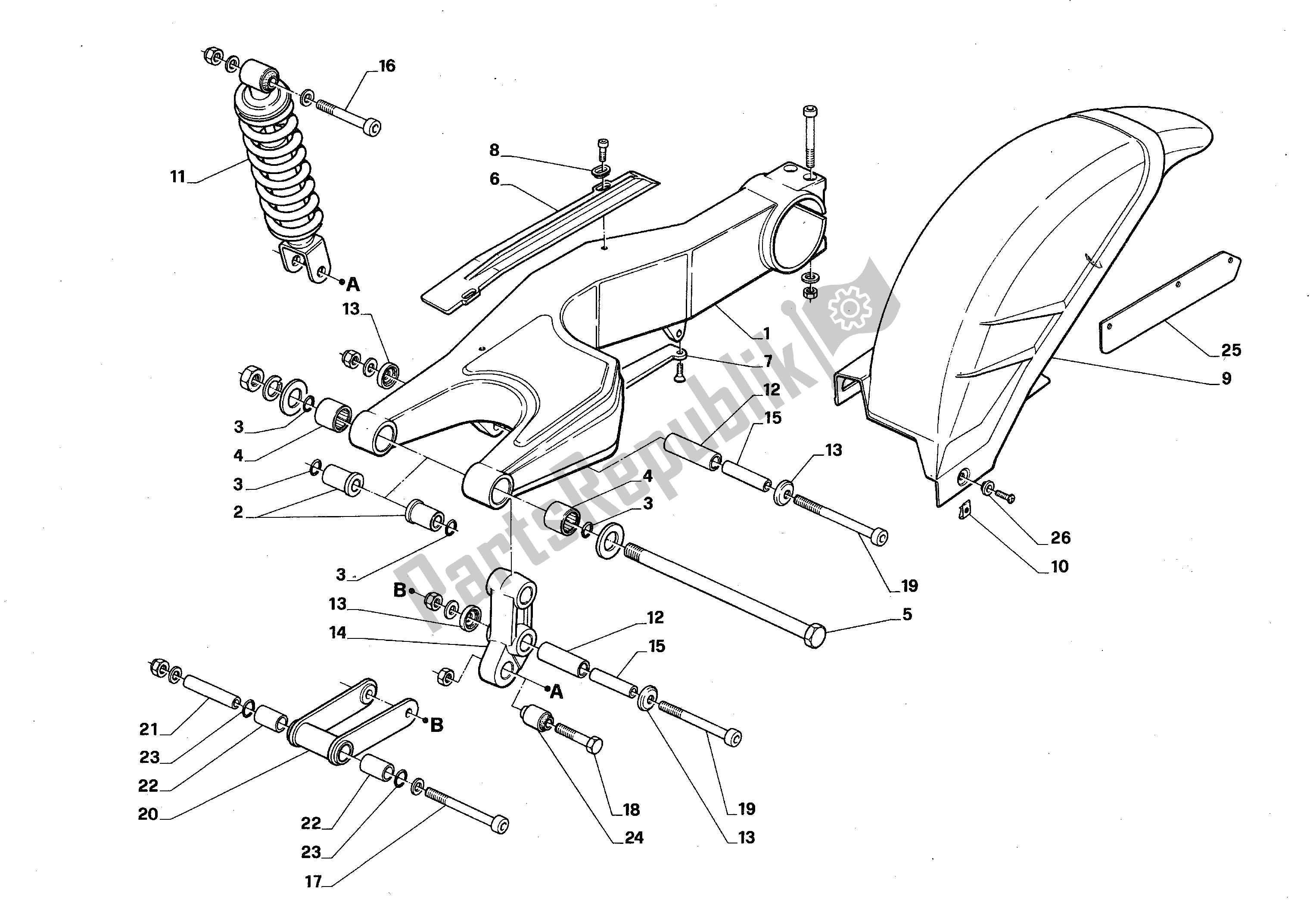 All parts for the Rear Fork And Suspension of the Aprilia AF1 125 1987