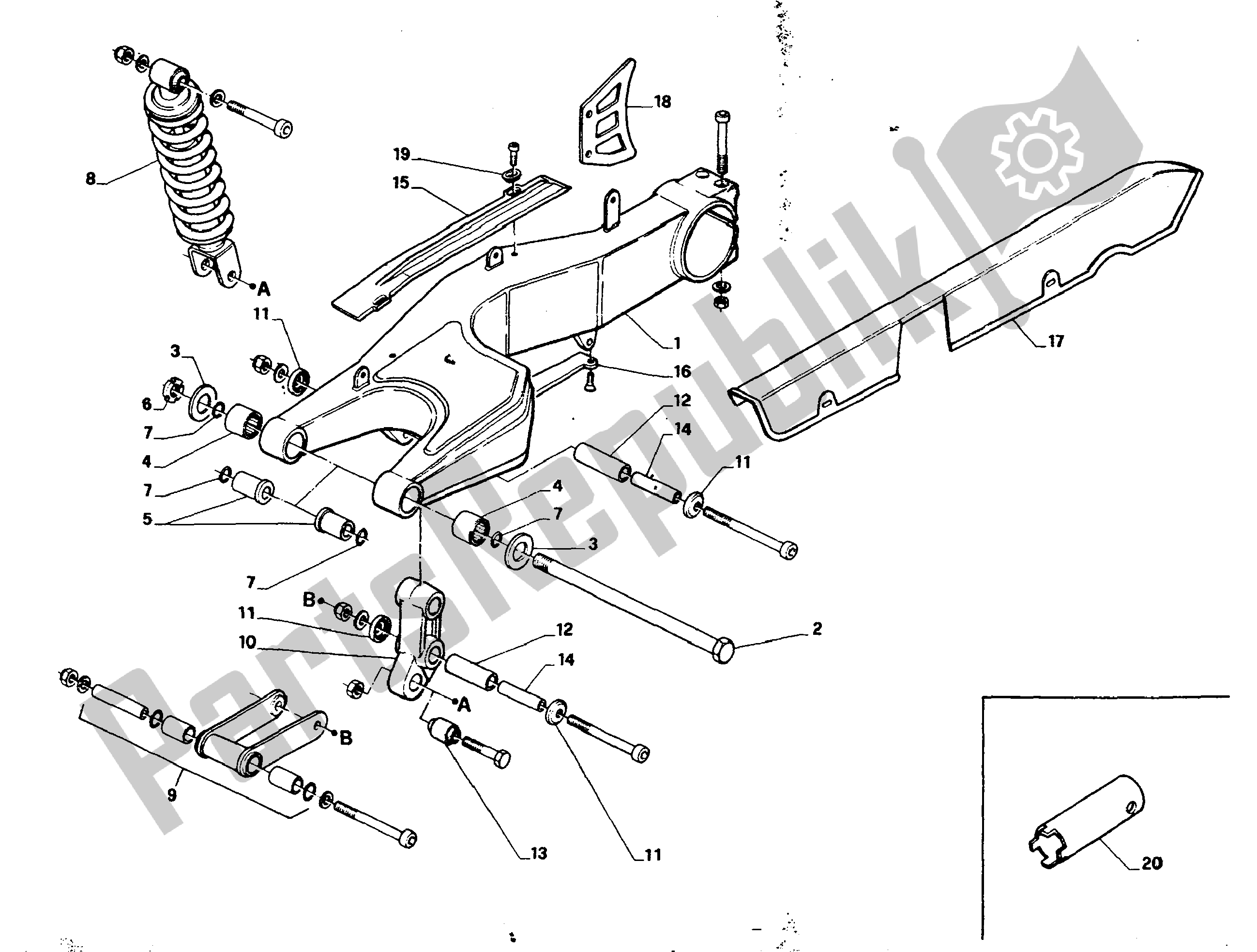 Alle onderdelen voor de Achtervork En Vering van de Aprilia AF1 125 1989