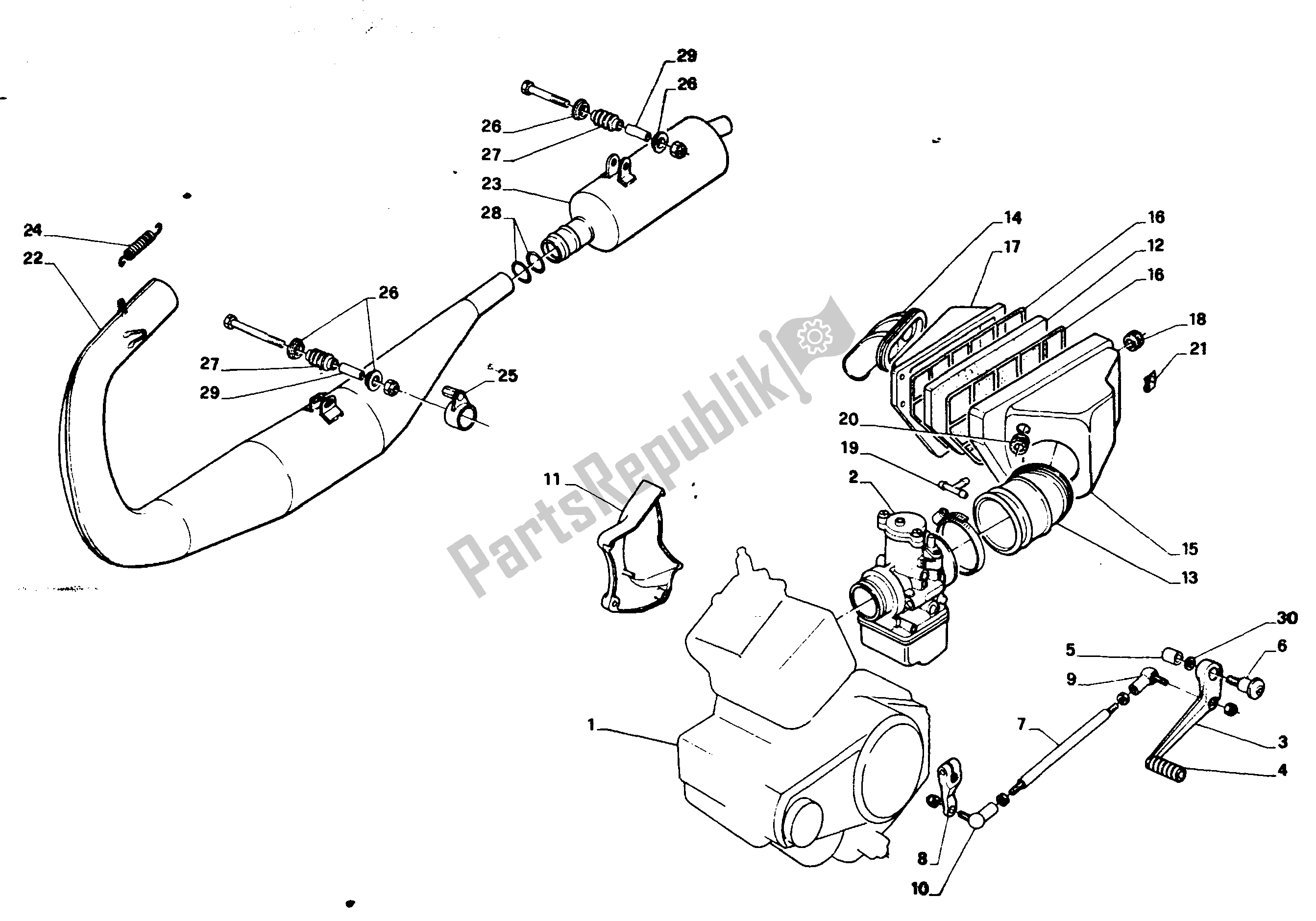 All parts for the Exhaust Assembly of the Aprilia AF1 125 1989