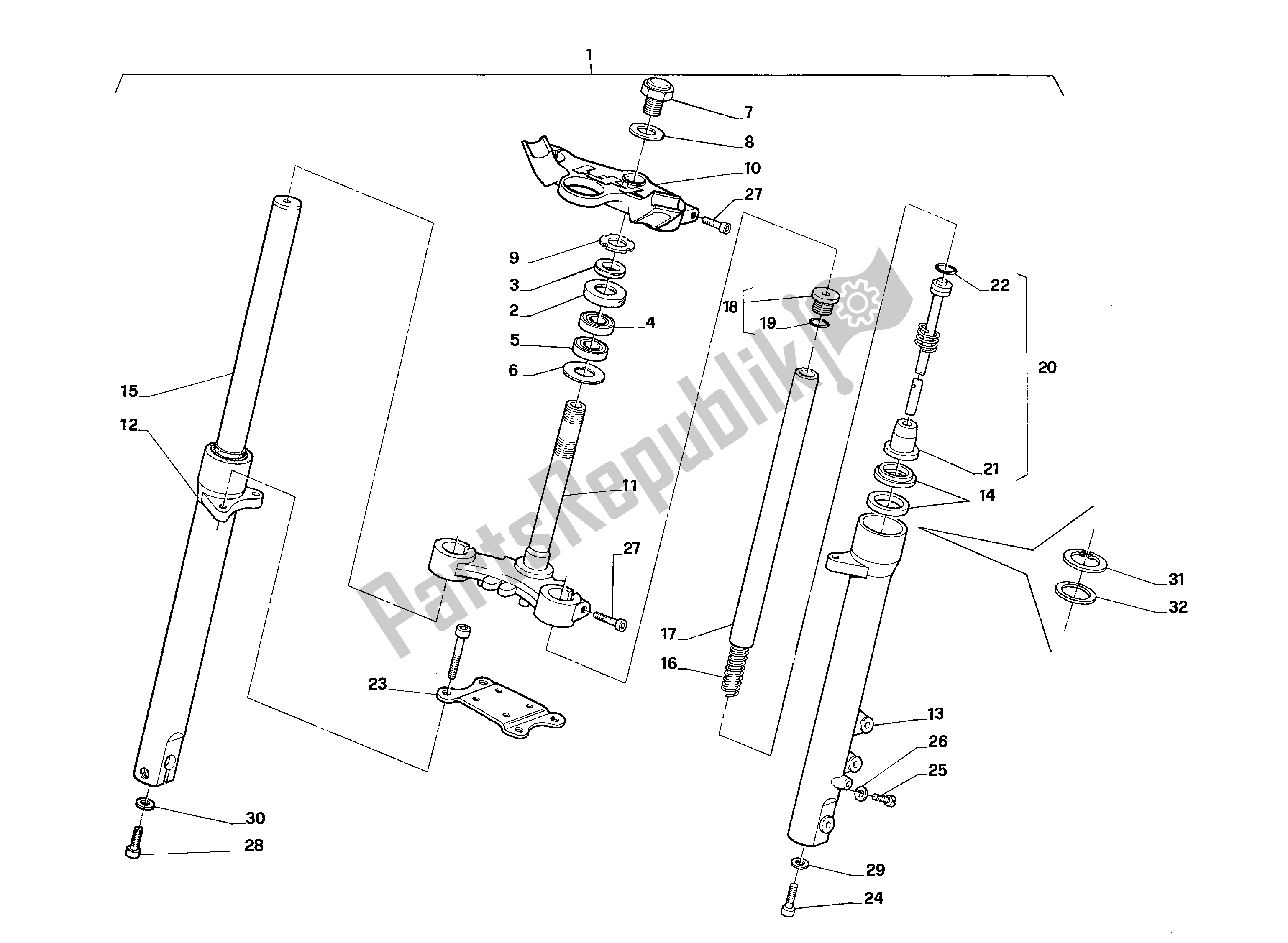 All parts for the Front Fork of the Aprilia AF1 50 1989