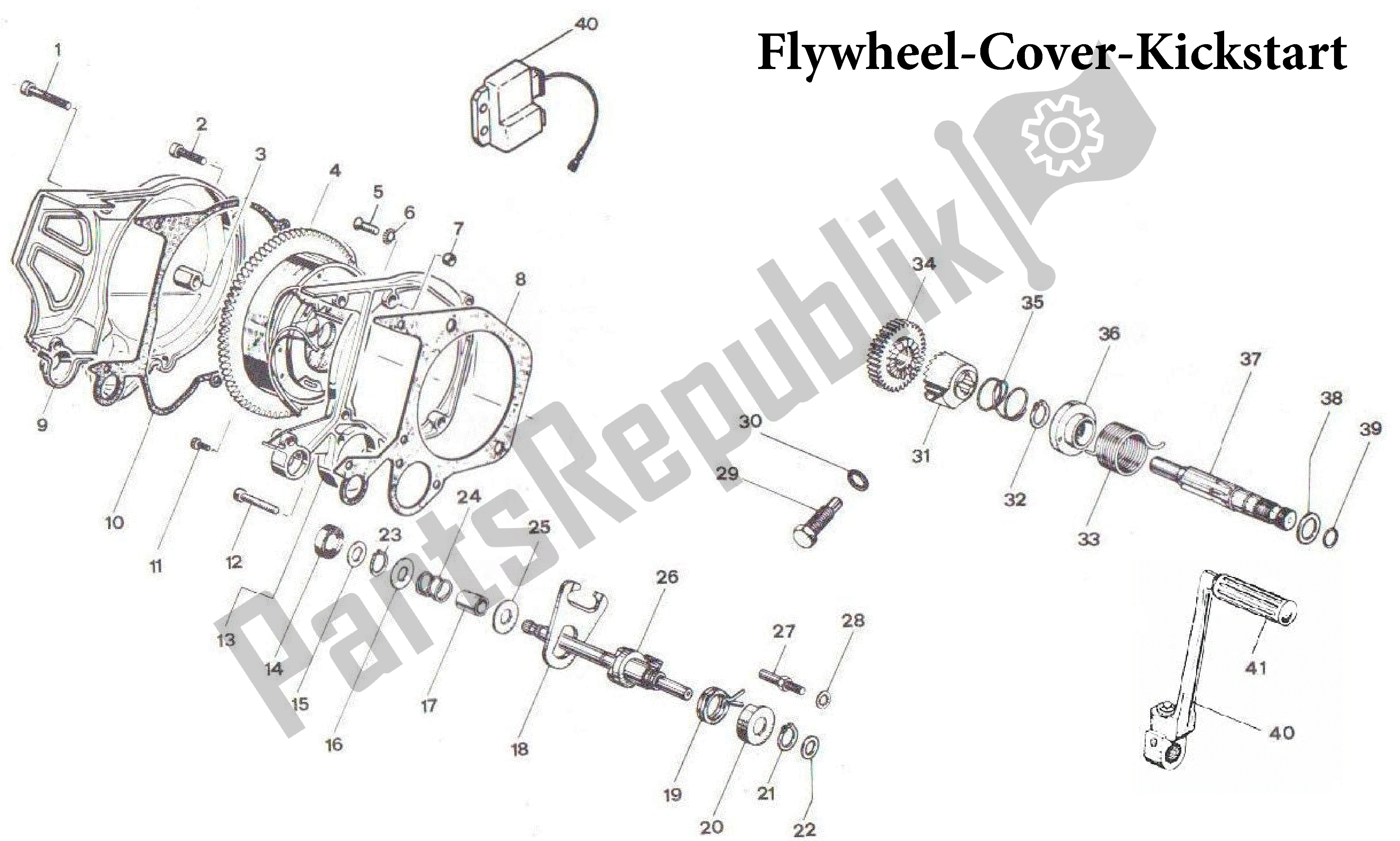 All parts for the Flywheel-cover-kickstart of the Aprilia AF1 50 1989