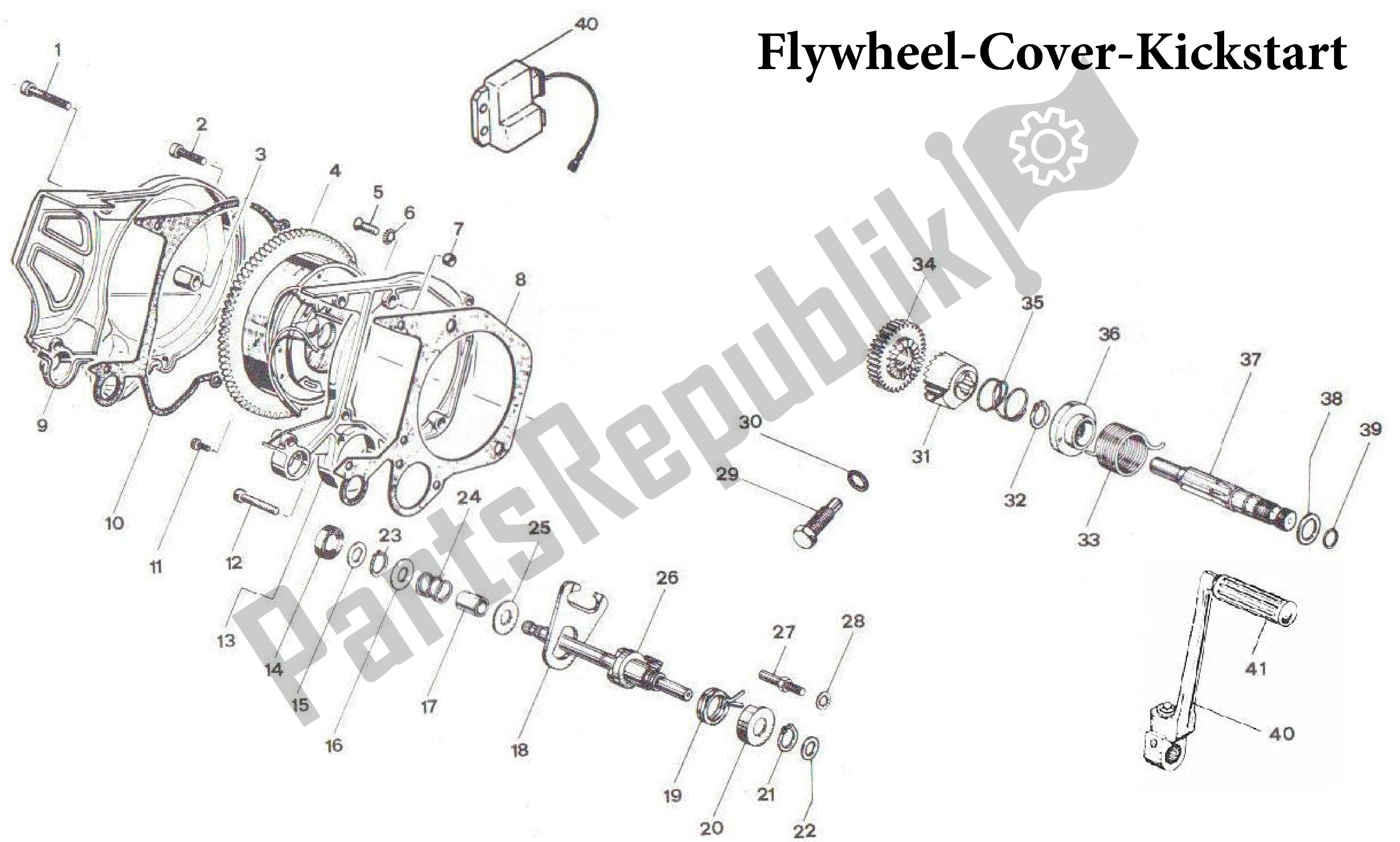 All parts for the Flywheel-cover-kickstart of the Aprilia AF1 50 1989