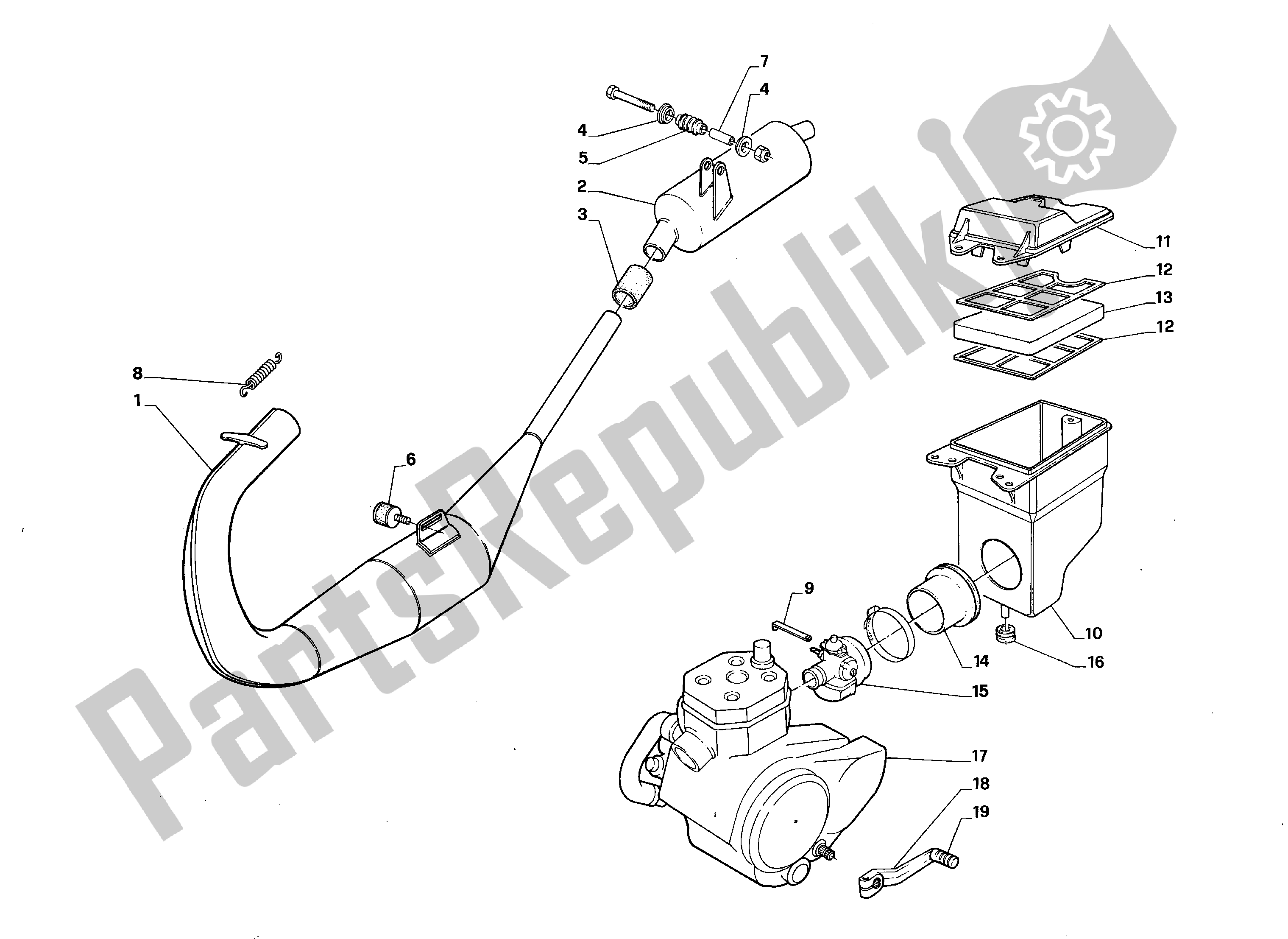 All parts for the Exhaust Assembly of the Aprilia AF1 50 1989