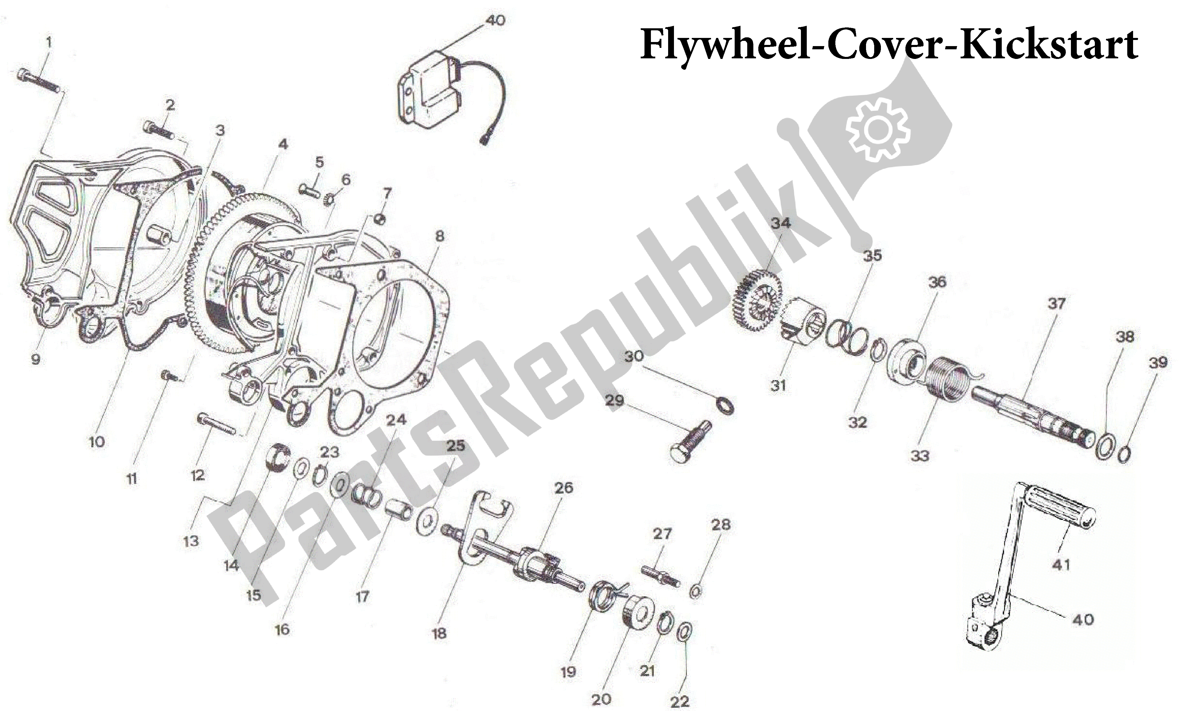 Alle onderdelen voor de Vliegwiel-cover-kickstart van de Aprilia AF1 50 1989