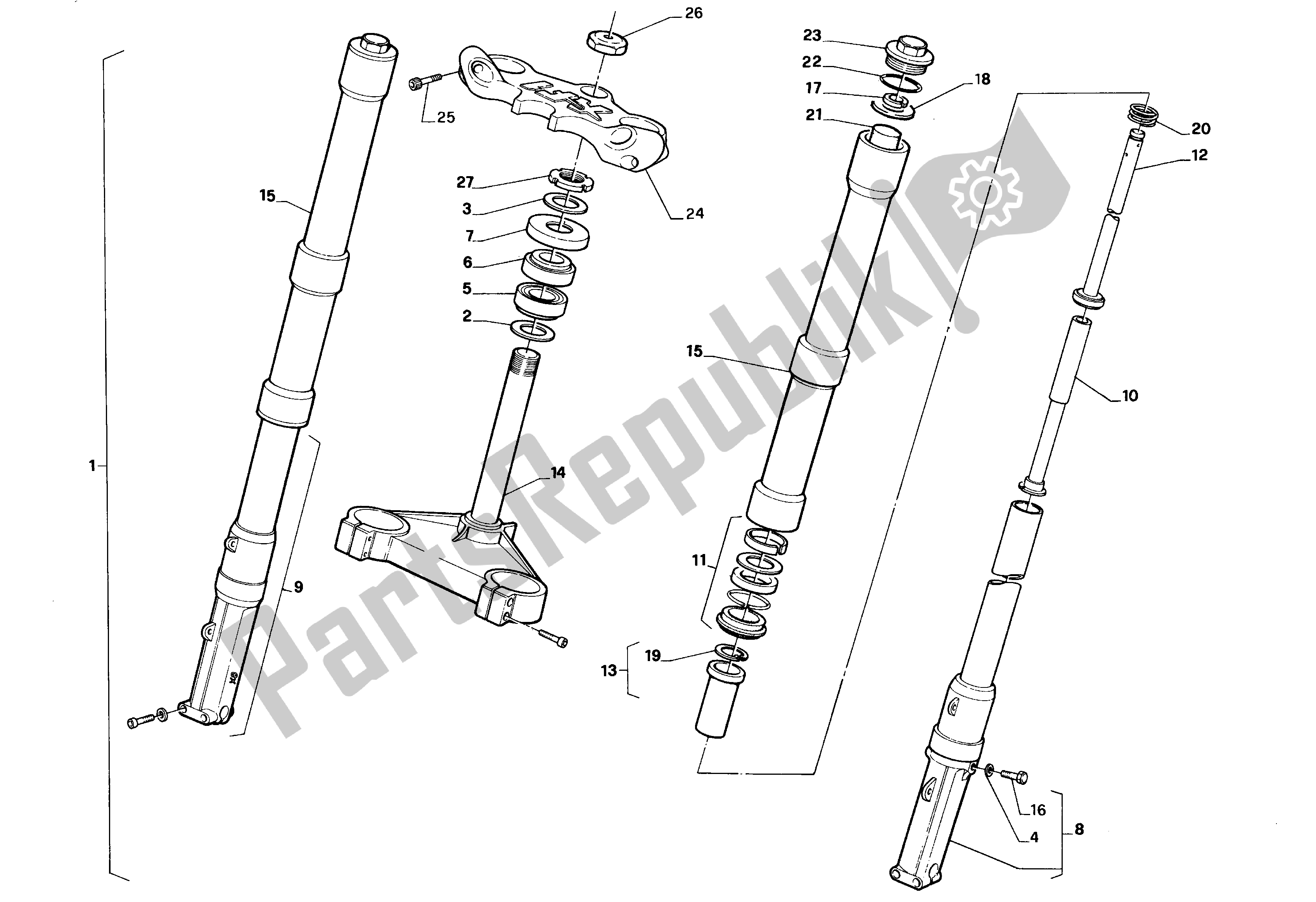 All parts for the Front Fork of the Aprilia AF1 125 1990 - 1991