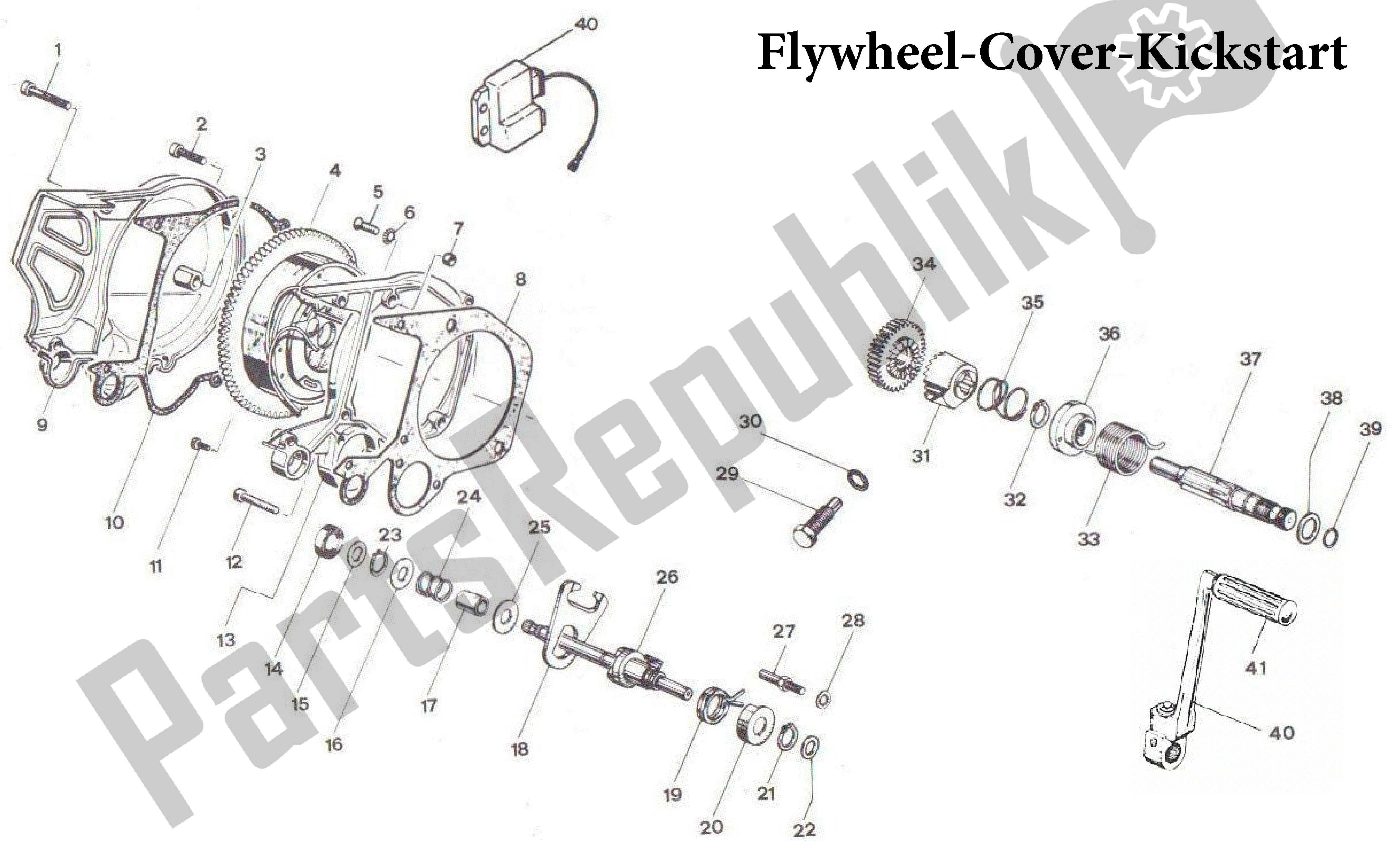 All parts for the Flywheel-cover-kickstart of the Aprilia AF1 50 1990
