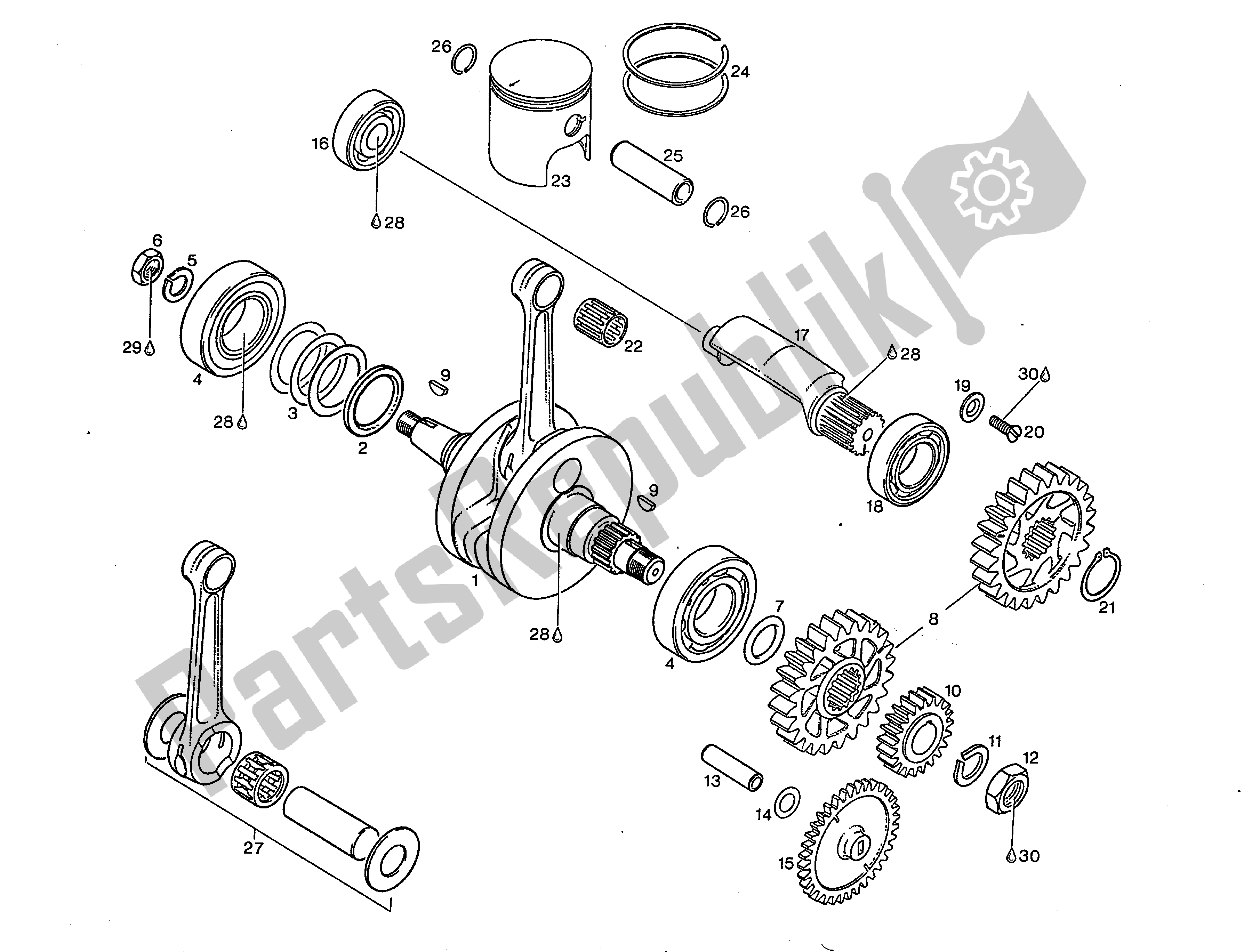 All parts for the Crankshaft, Balancer Drive, Piston of the Aprilia AF1 125 1990 - 1992