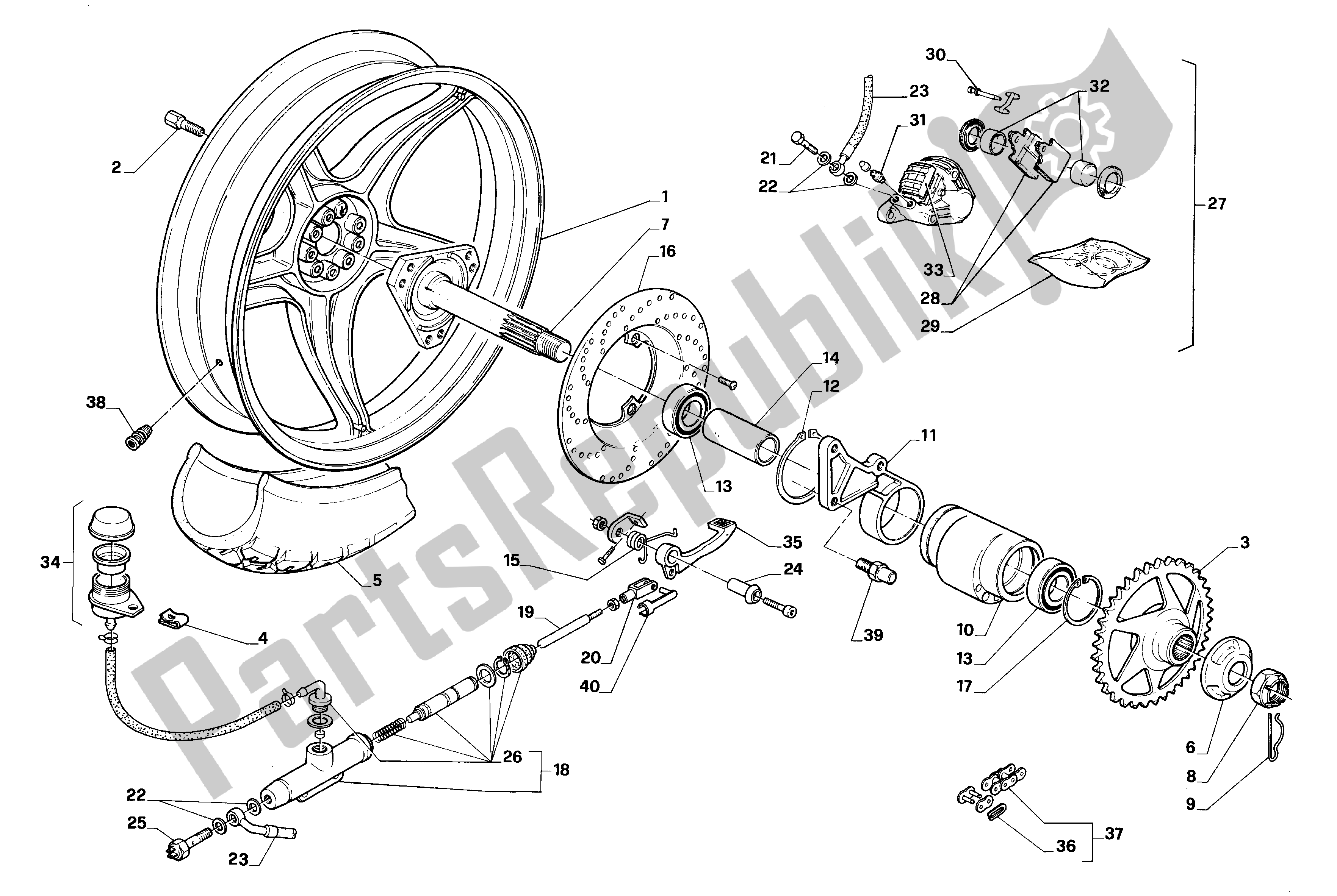 All parts for the Rear Wheel of the Aprilia AF1 50 1991