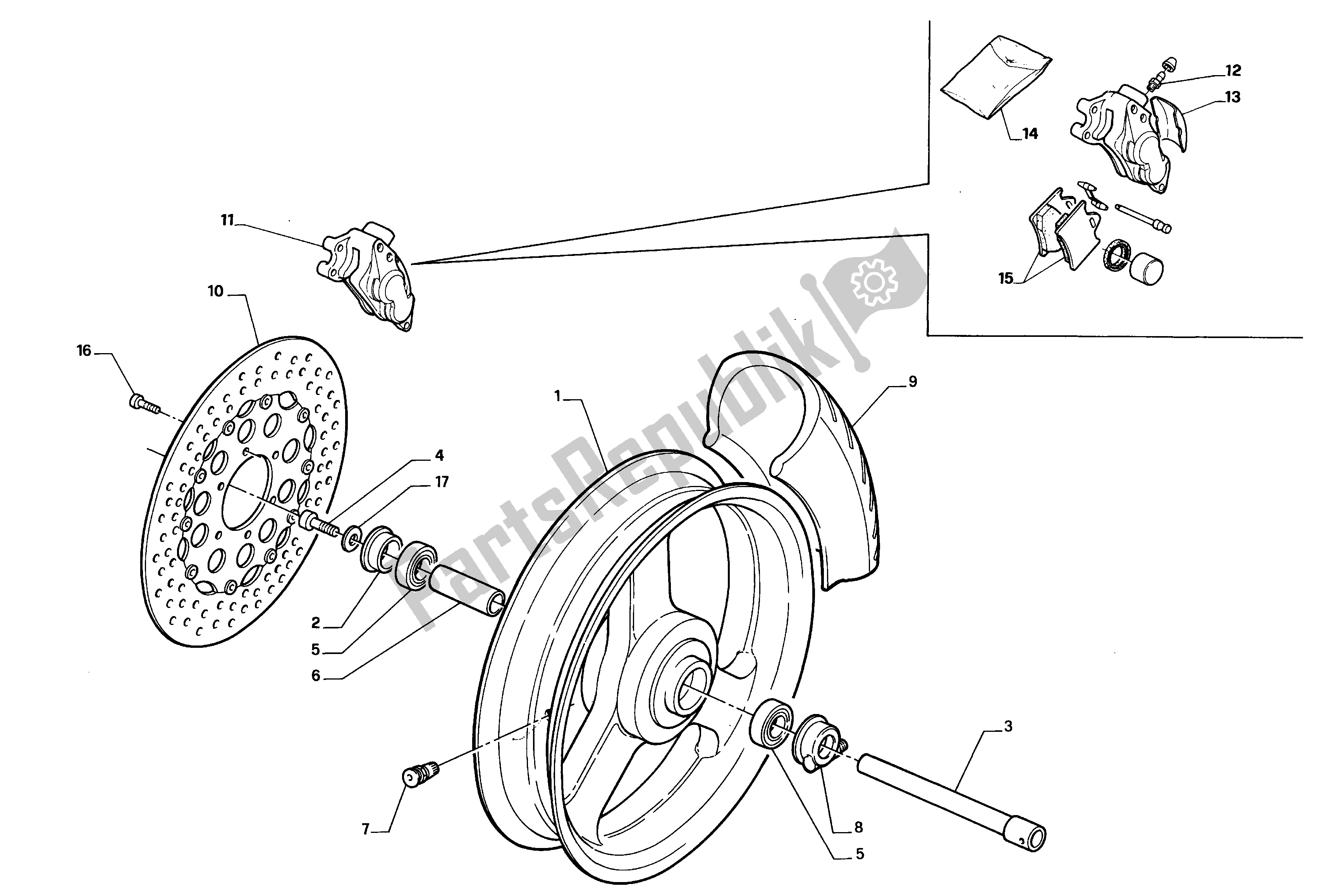 All parts for the Front Wheel of the Aprilia RS 125 1992 - 1994