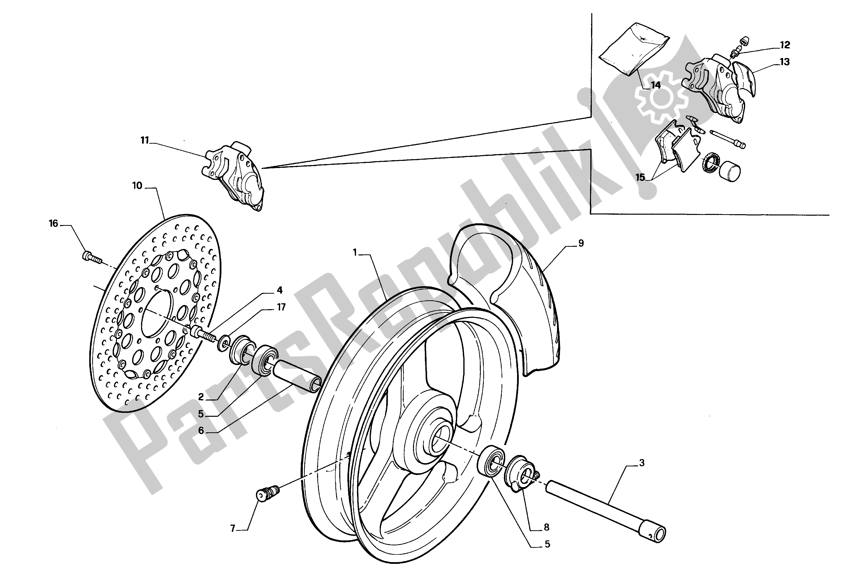 All parts for the Front Wheel of the Aprilia RS 125 1992 - 1994