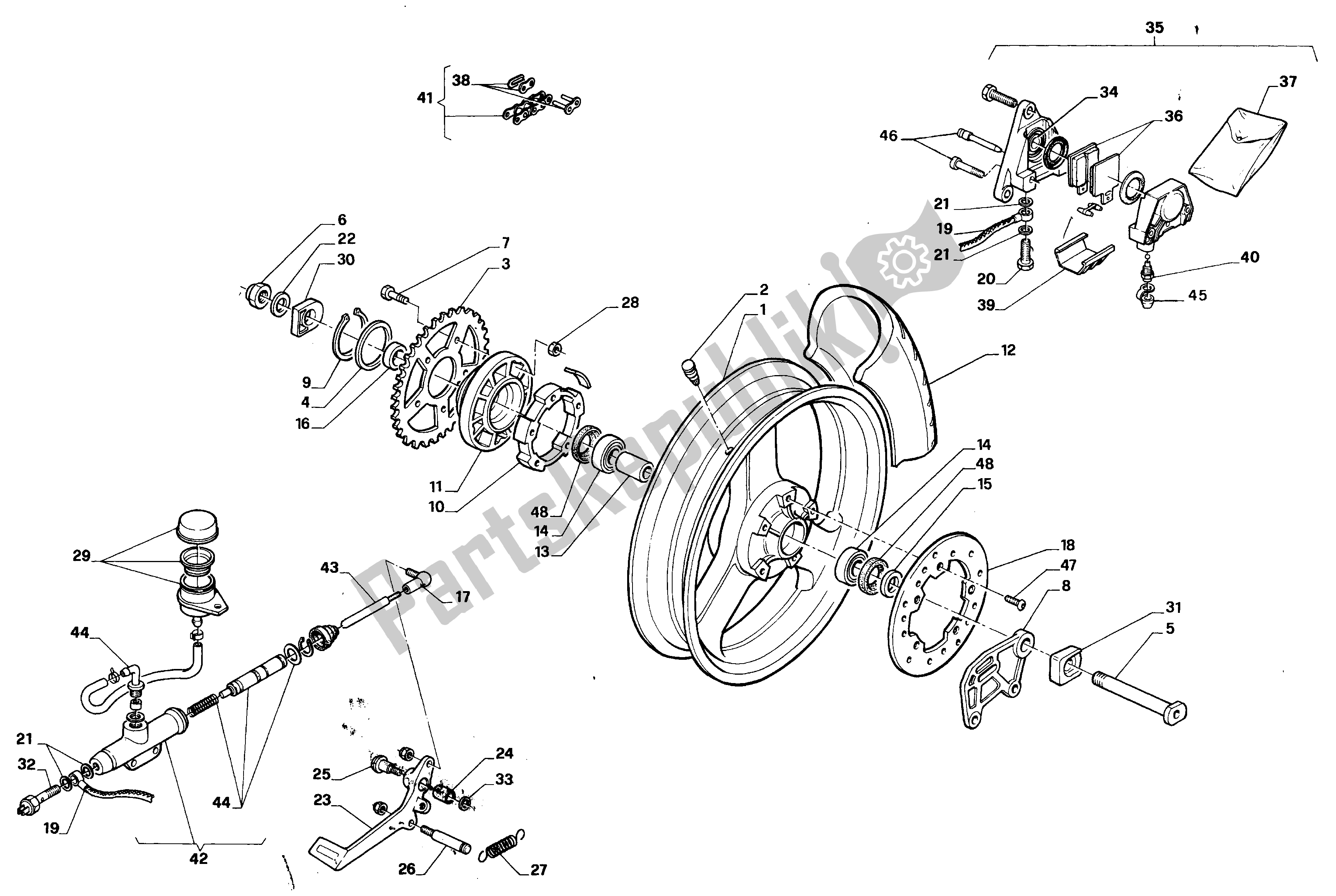 Alle onderdelen voor de Achterwiel van de Aprilia RS 125 1992 - 1994