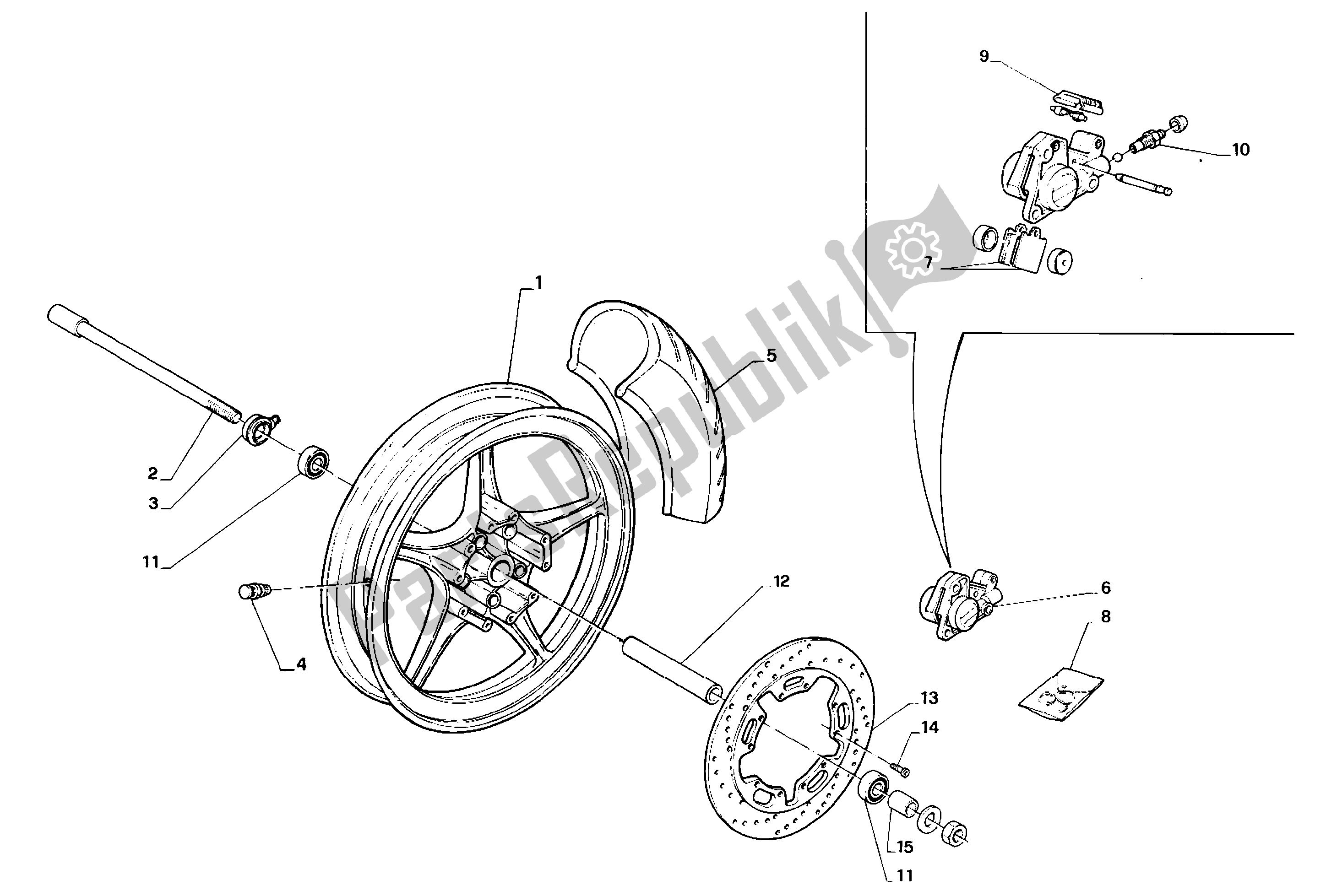 All parts for the Fron Wheel of the Aprilia AF1 50 1991 - 1992
