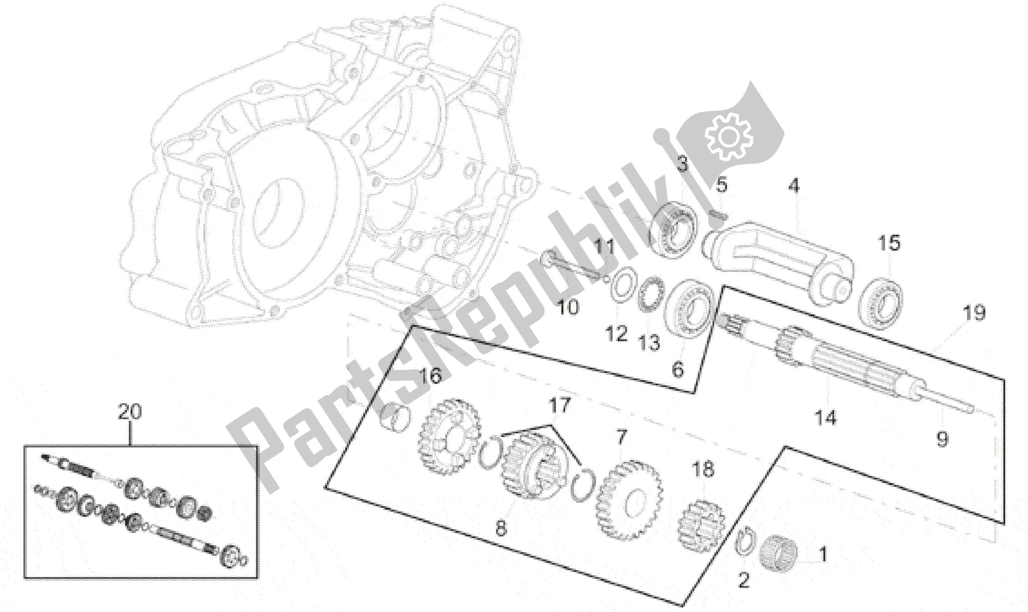 All parts for the Primary Gear Shaft 5 Speed of the Aprilia AF1 50 1991 - 1992