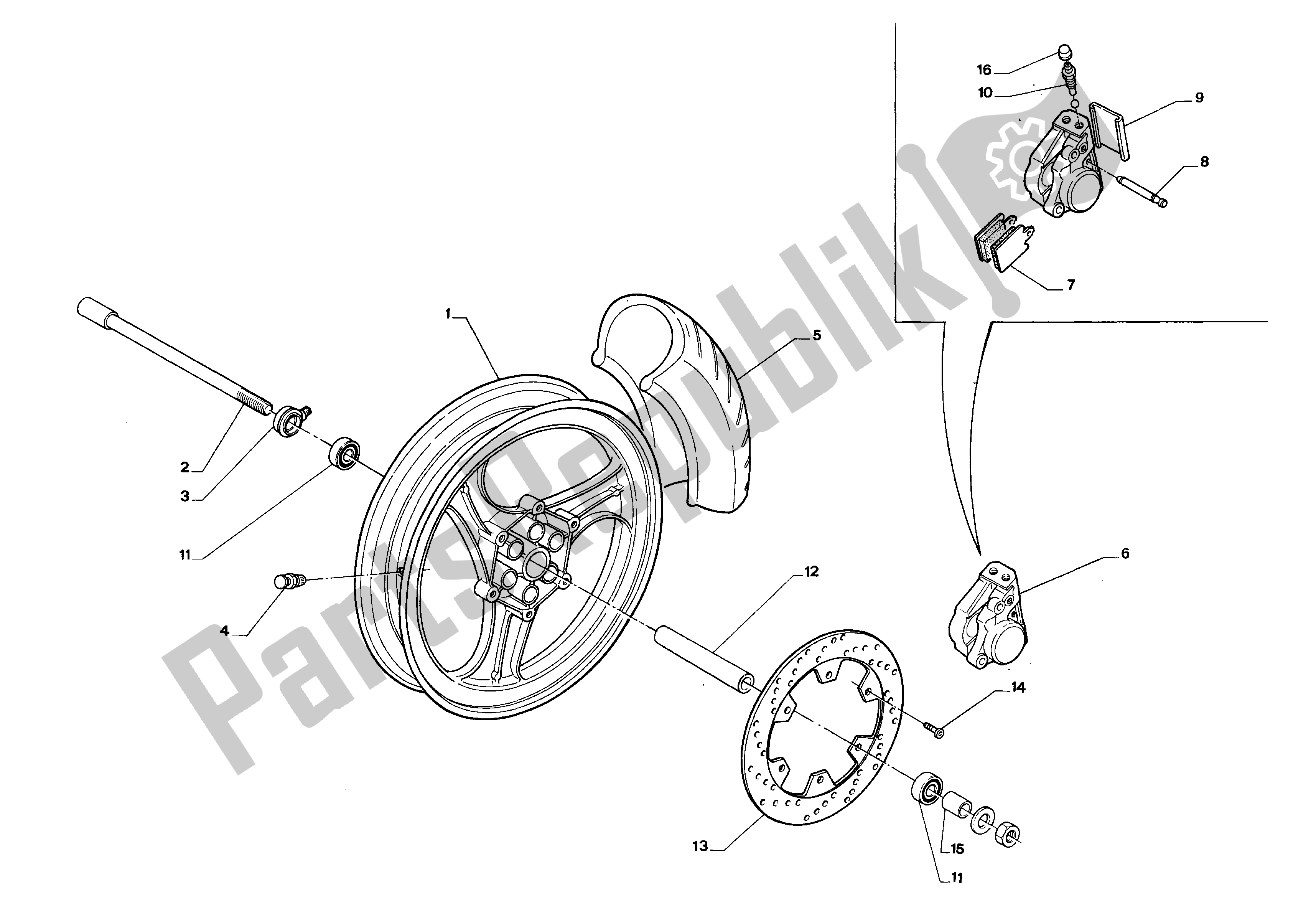 All parts for the Fron Wheel of the Aprilia RS 50 1993