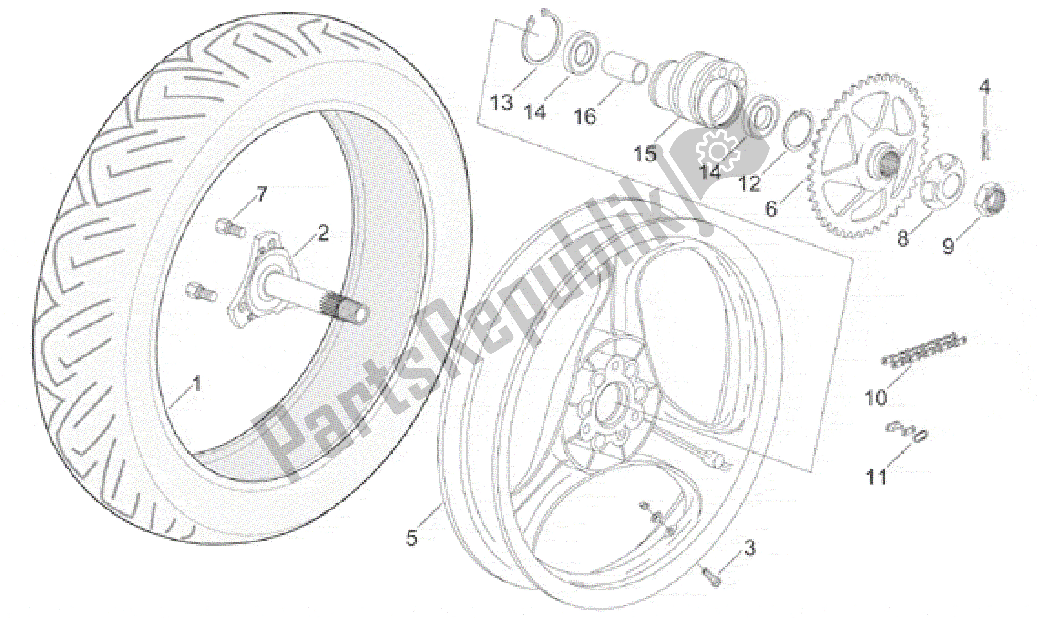 All parts for the Rear Wheel of the Aprilia RS 50 1996 - 1998