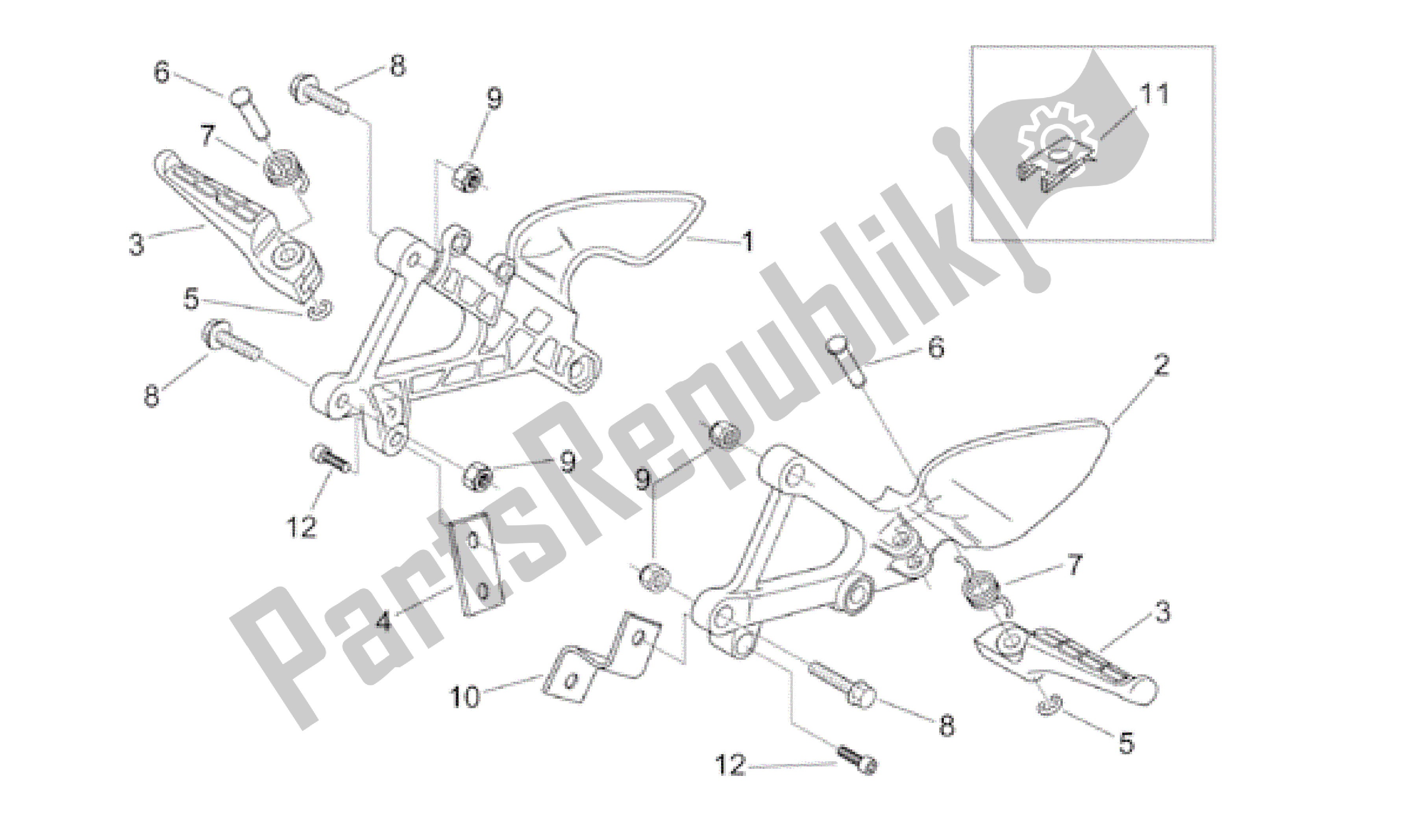 Alle onderdelen voor de Voorste Voetsteunen van de Aprilia RS 50 1999 - 2005