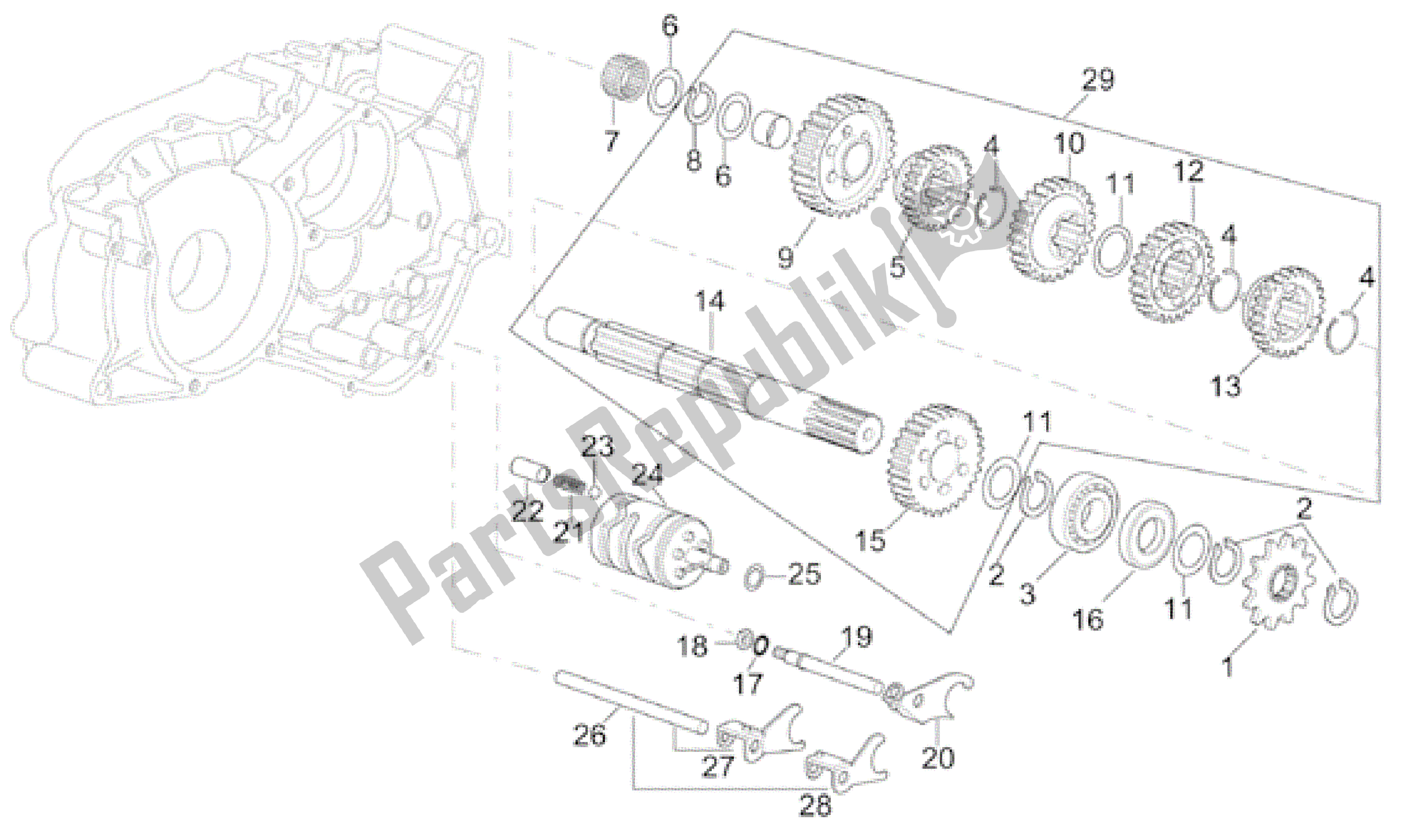 All parts for the Gearbox Driven Shaft of the Aprilia RS 50 1999 - 2005