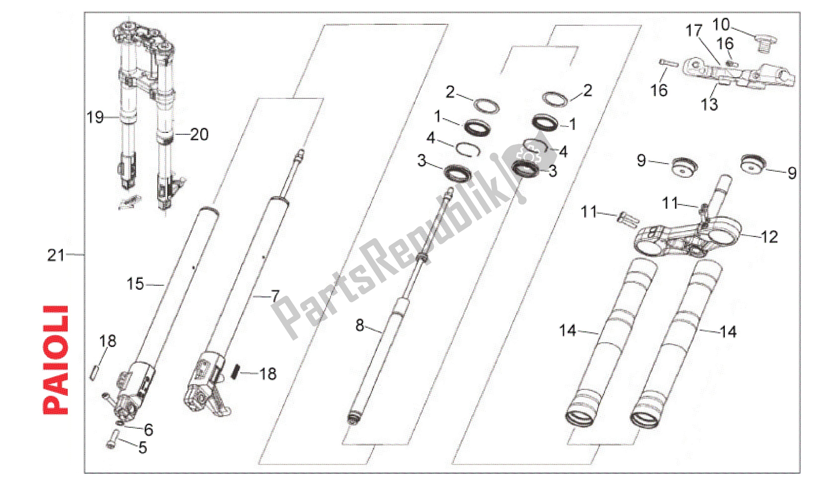 All parts for the Front Fork Paioli of the Aprilia RS 50 2006 - 2010