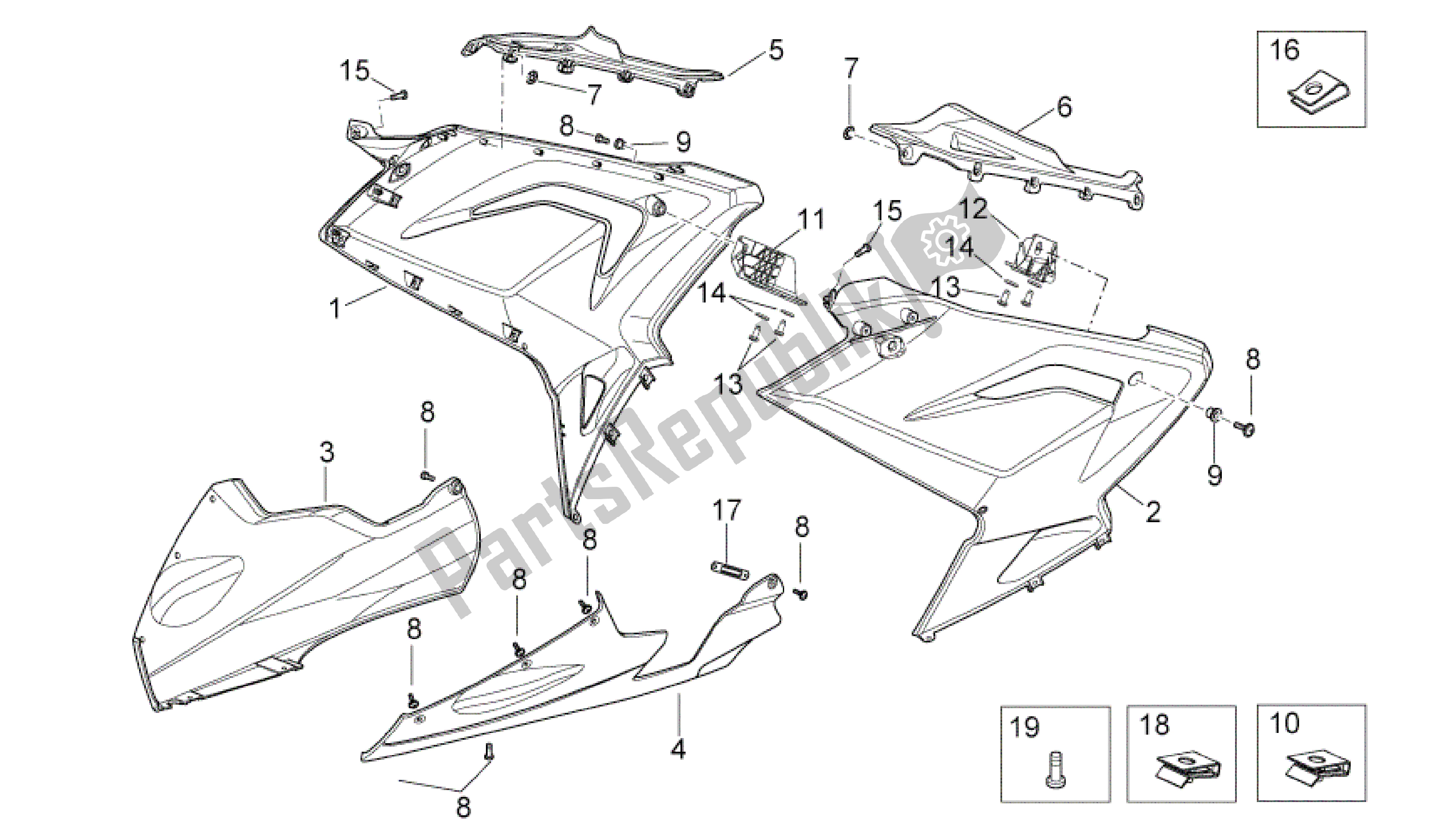 All parts for the Central Body of the Aprilia RS 50 2006 - 2010