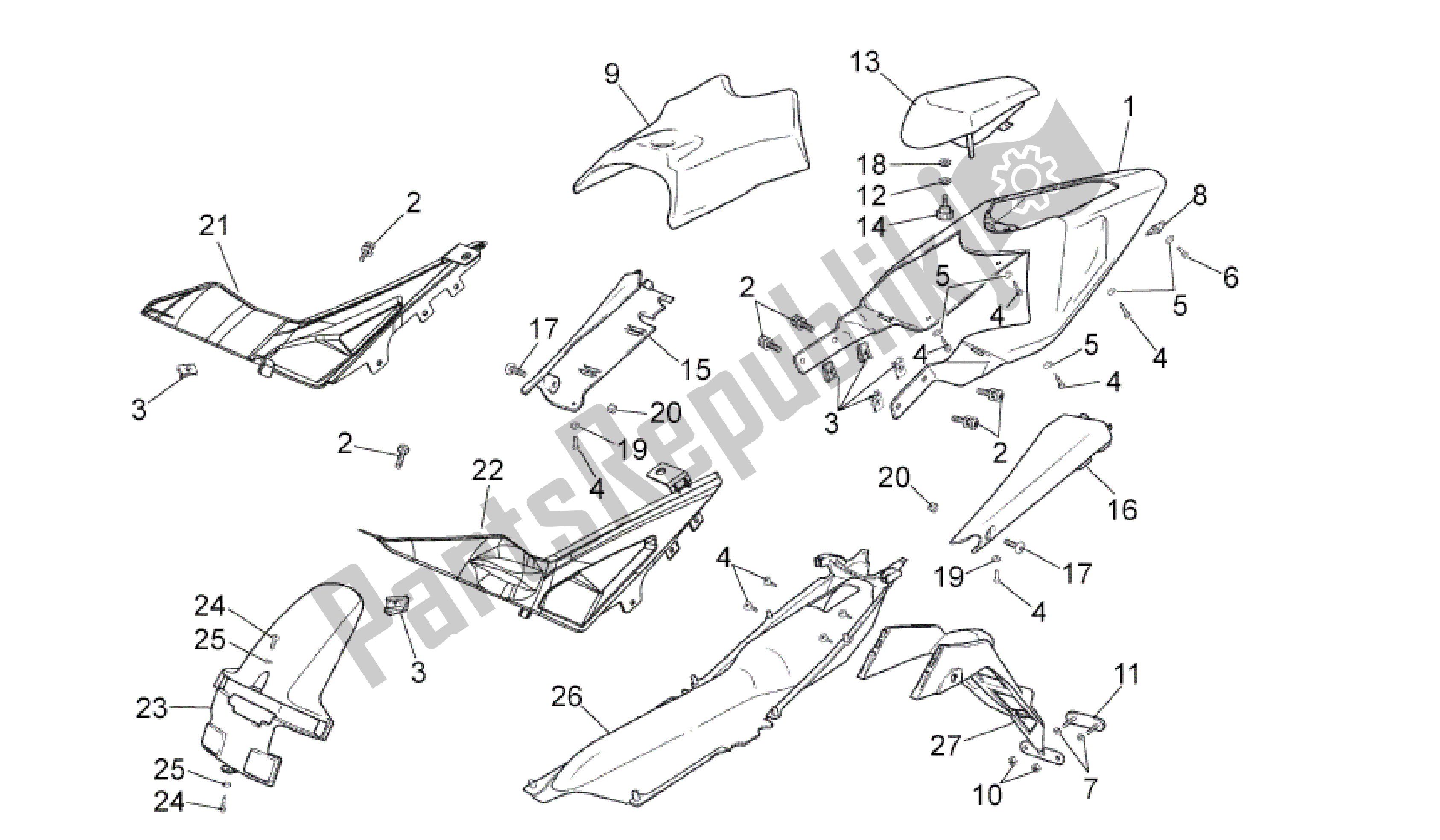 All parts for the Rear Body of the Aprilia RS 50 2006 - 2010
