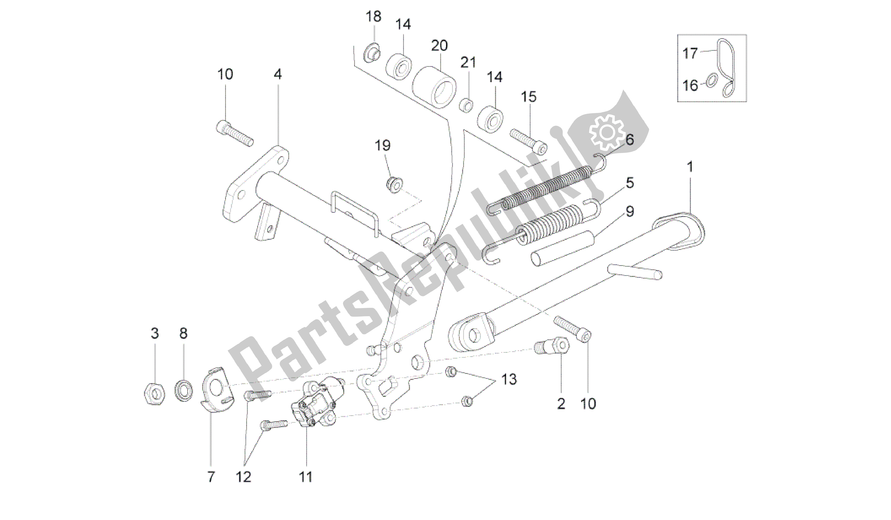 Alle onderdelen voor de Centrale Standaard van de Aprilia RS4 50 2011 - 2013