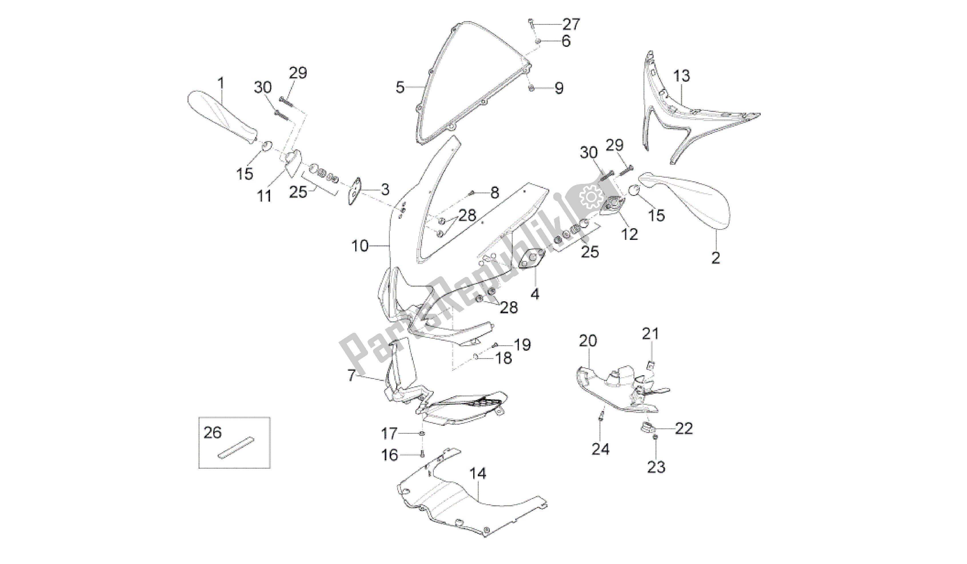 All parts for the Front Fairing of the Aprilia RS4 50 2011 - 2013