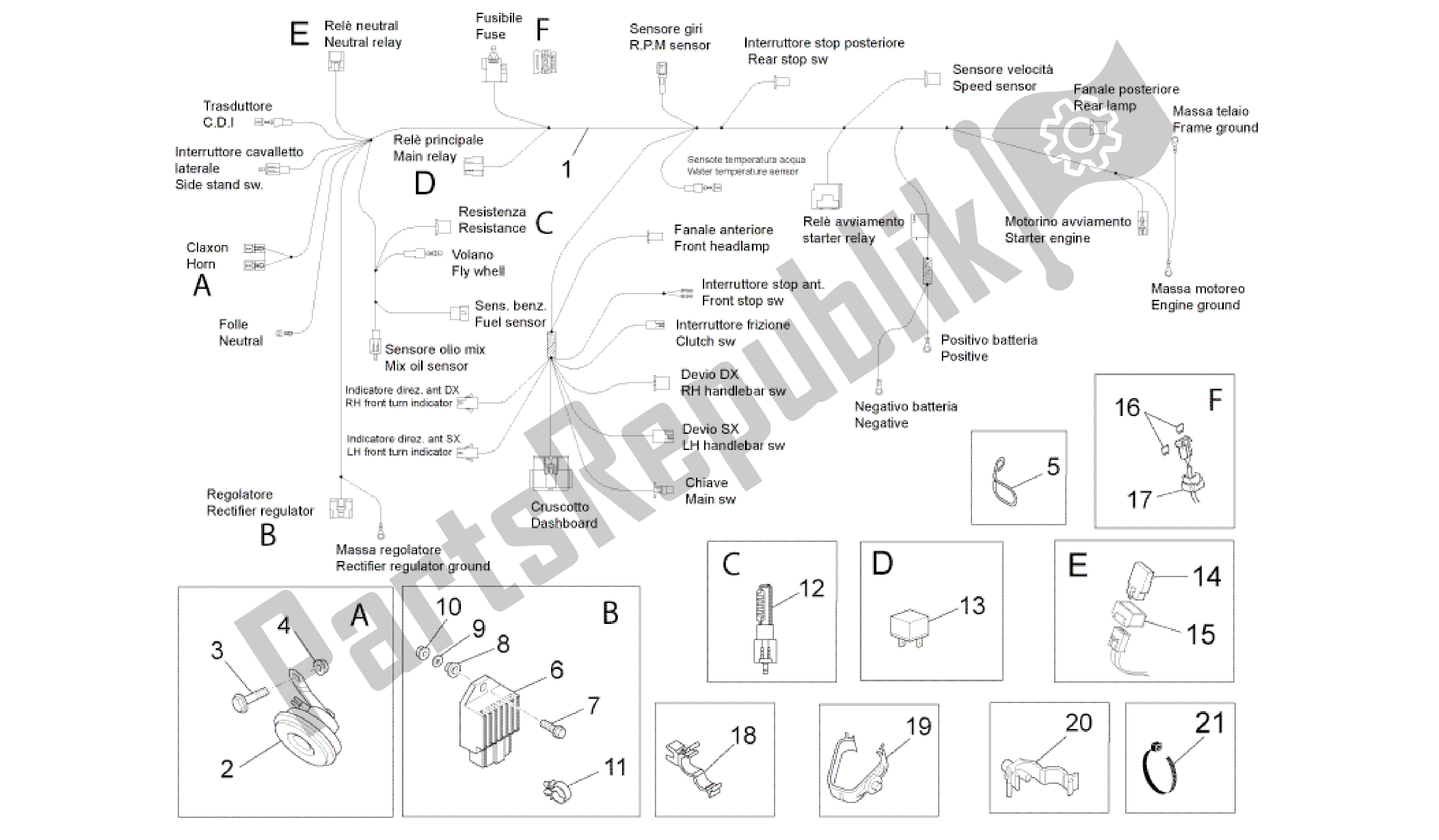 Todas as partes de Sistema Elétrico Frontal do Aprilia RS4 50 2011 - 2013
