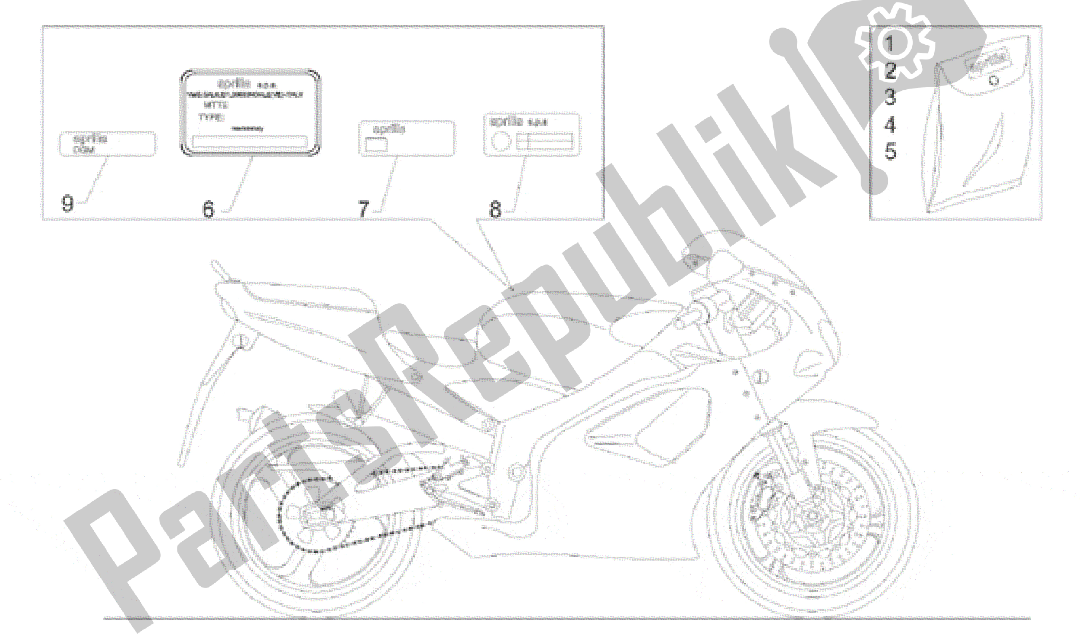 Alle onderdelen voor de Plaat Set En Sticker van de Aprilia RS 125 1996 - 1997