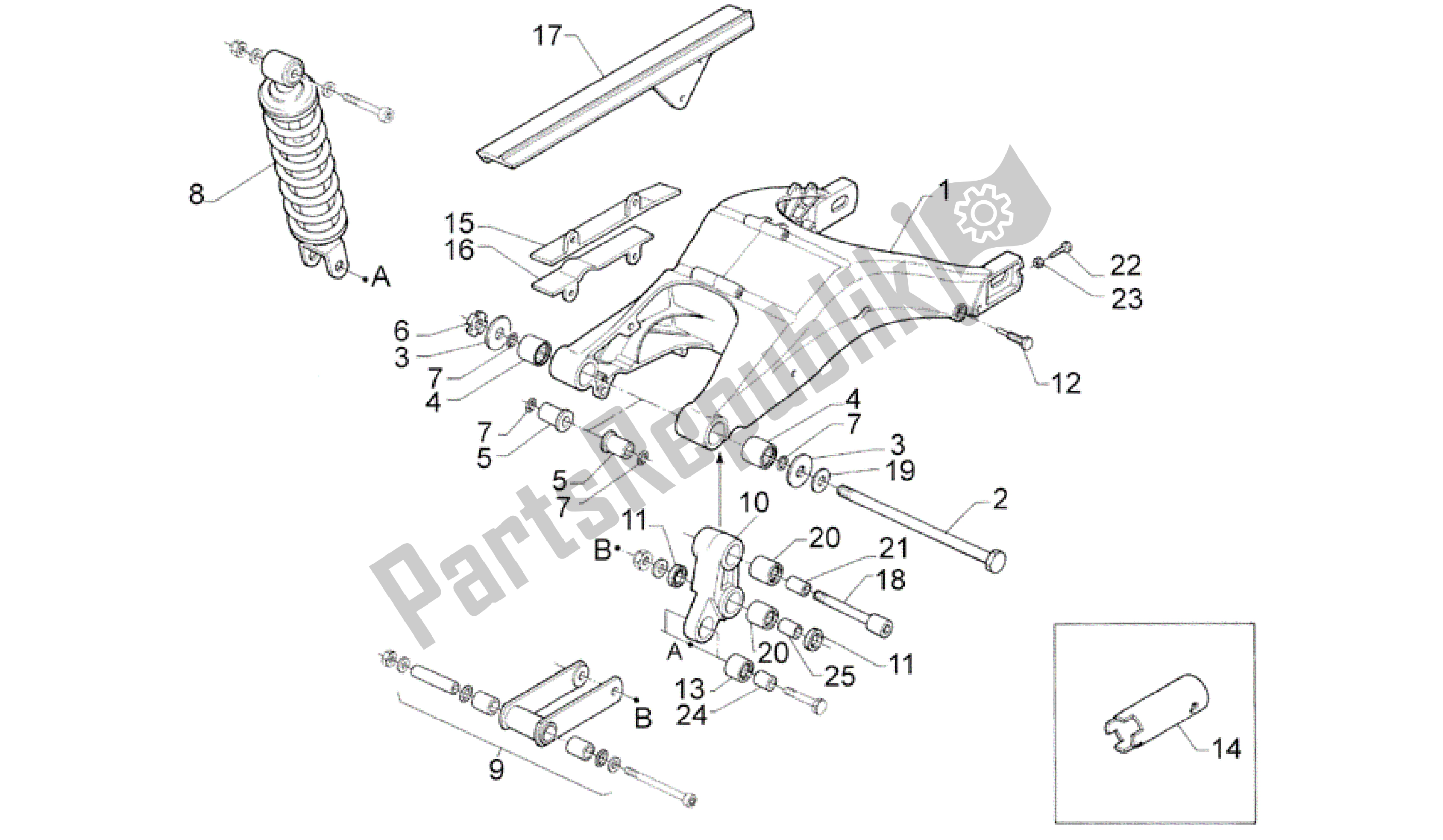 Alle onderdelen voor de Schokdemper Achter van de Aprilia Rotax 122 125 1996 - 1997