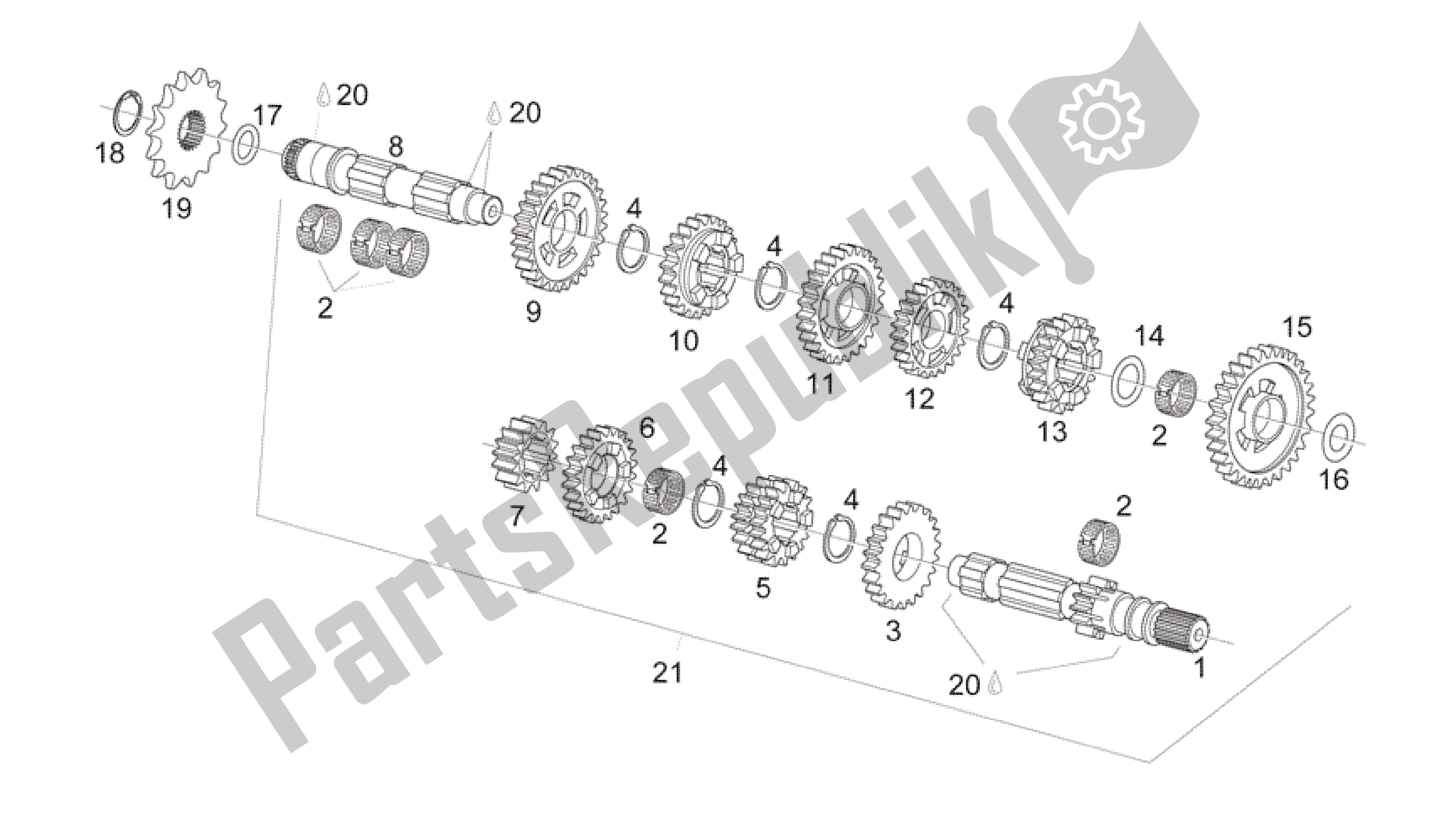 All parts for the Transmission 6 Speed of the Aprilia Rotax 122 125 1996 - 1997