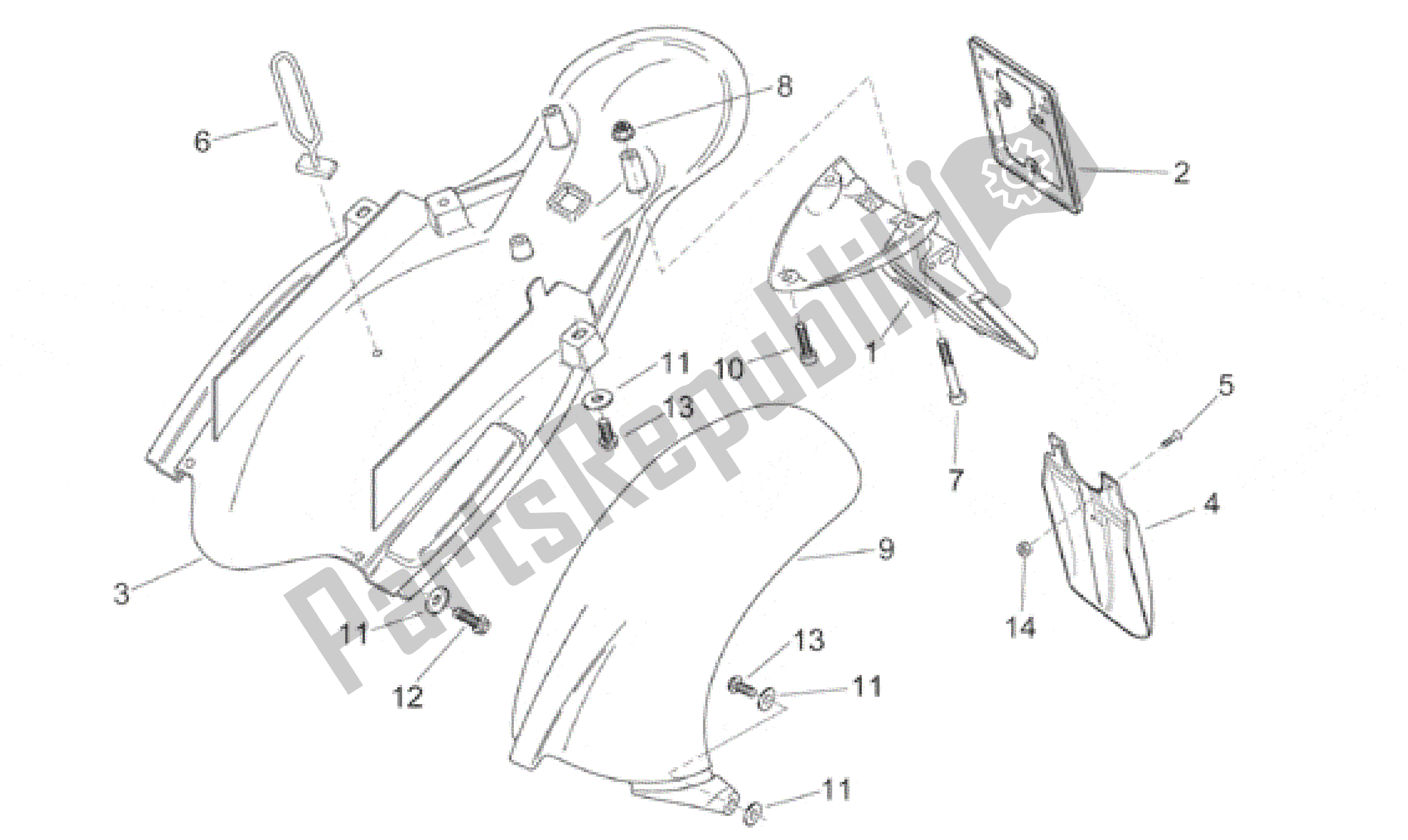 Alle onderdelen voor de Achterlichaam Ii van de Aprilia RS 125 1999 - 2001