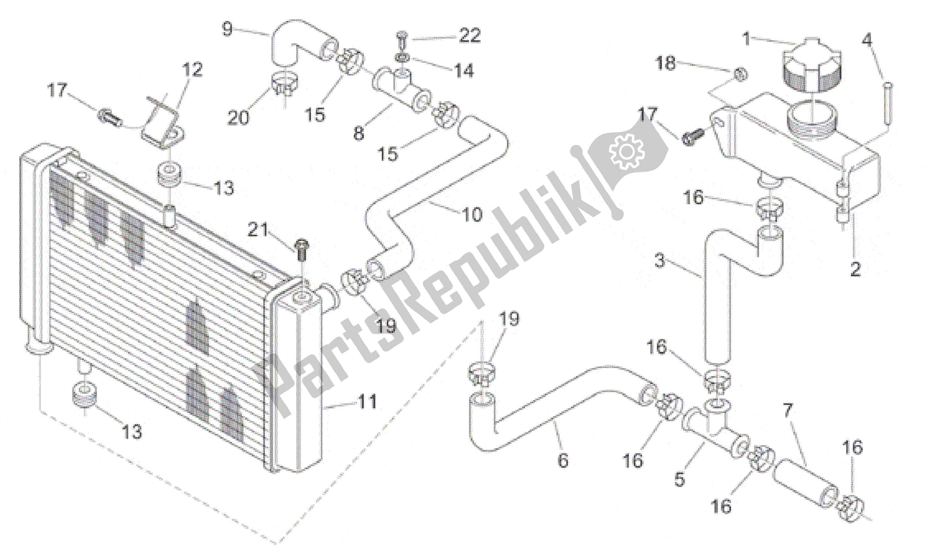 All parts for the Water Cooler of the Aprilia RS 125 1999 - 2001