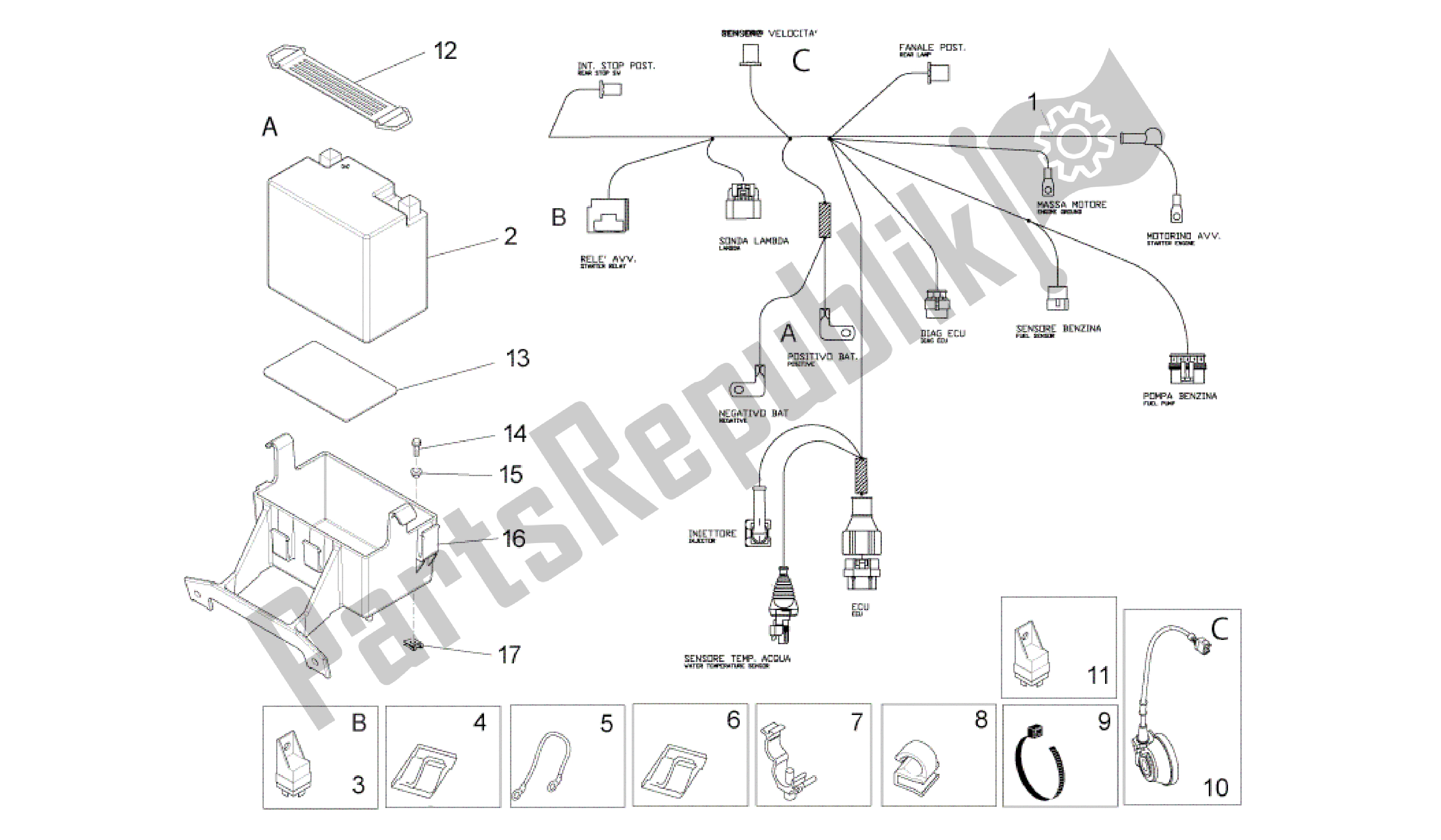 Alle onderdelen voor de Achter Elektrisch Systeem van de Aprilia RS4 125 2011 - 2013