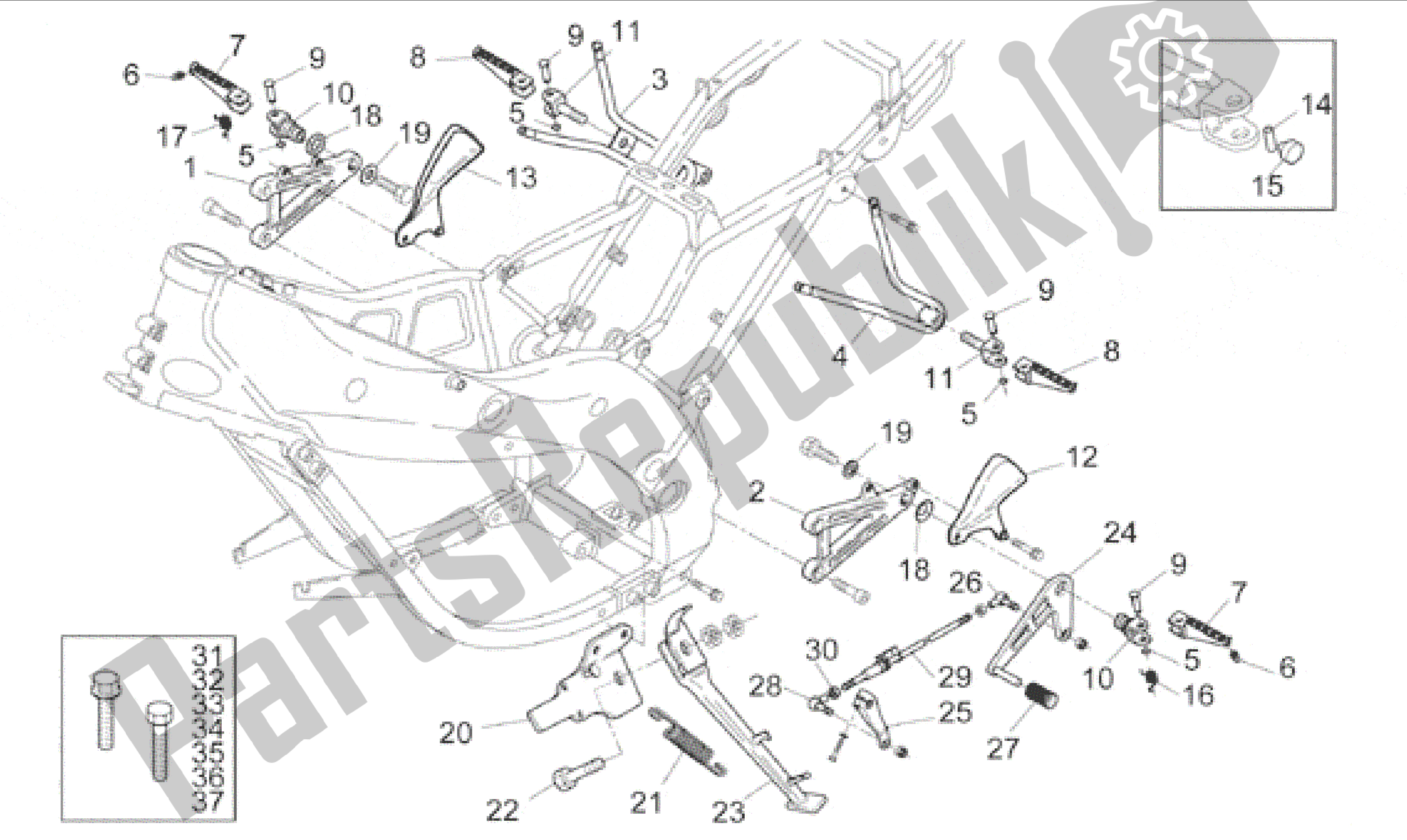 Alle onderdelen voor de Voetsteunen - Zijstandaard van de Aprilia RS 250 1995 - 1997