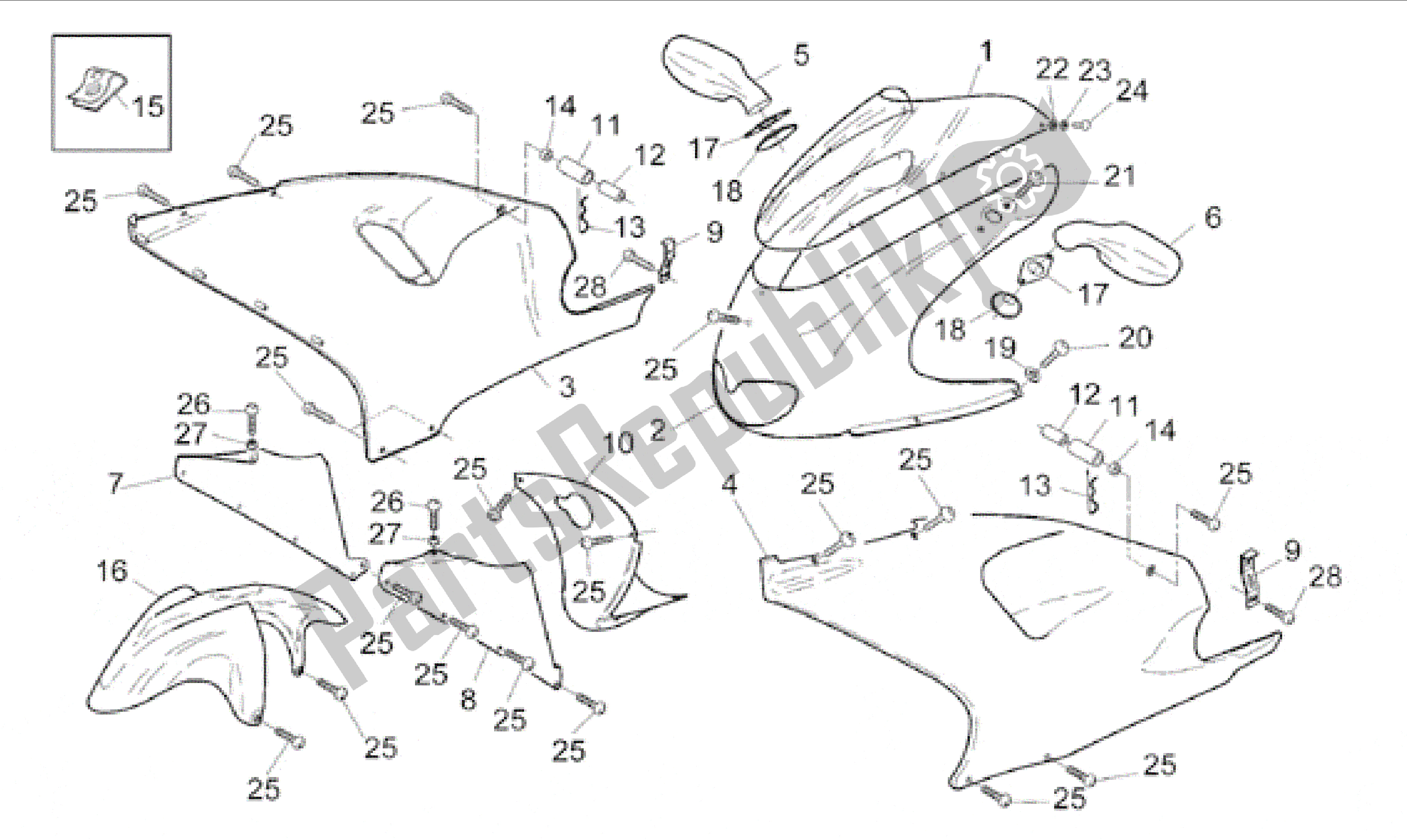 All parts for the Front Body I of the Aprilia RS 250 1995 - 1997