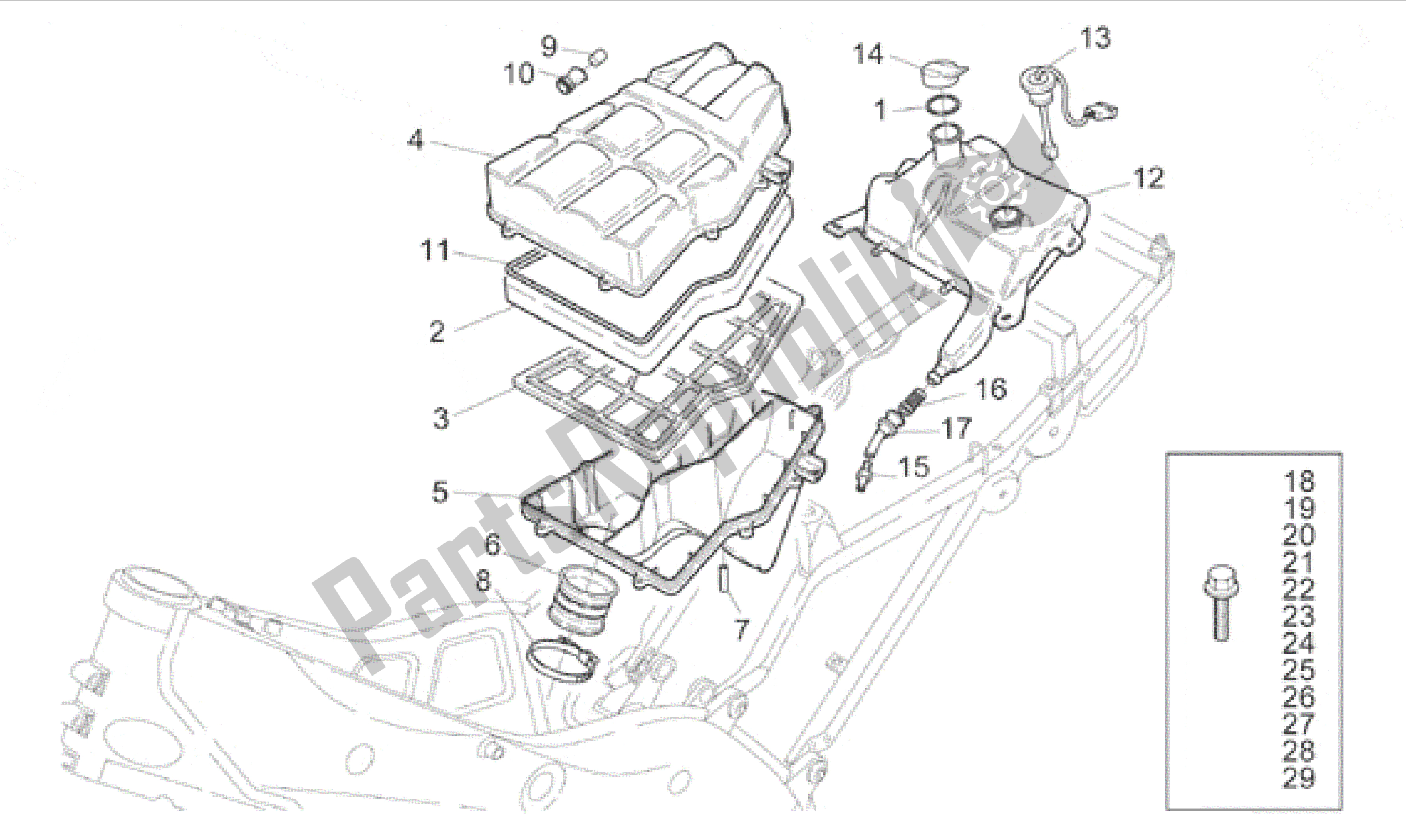 Todas as partes de Caixa De Ar do Aprilia RS 250 1995 - 1997