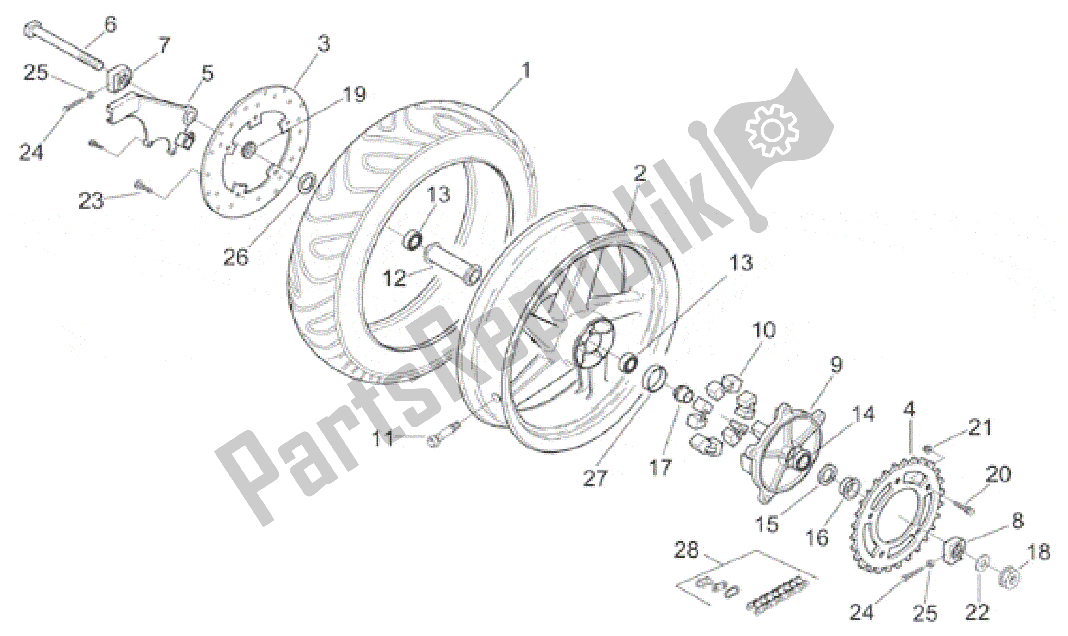 All parts for the Rear Wheel of the Aprilia RS 250 1998 - 2001