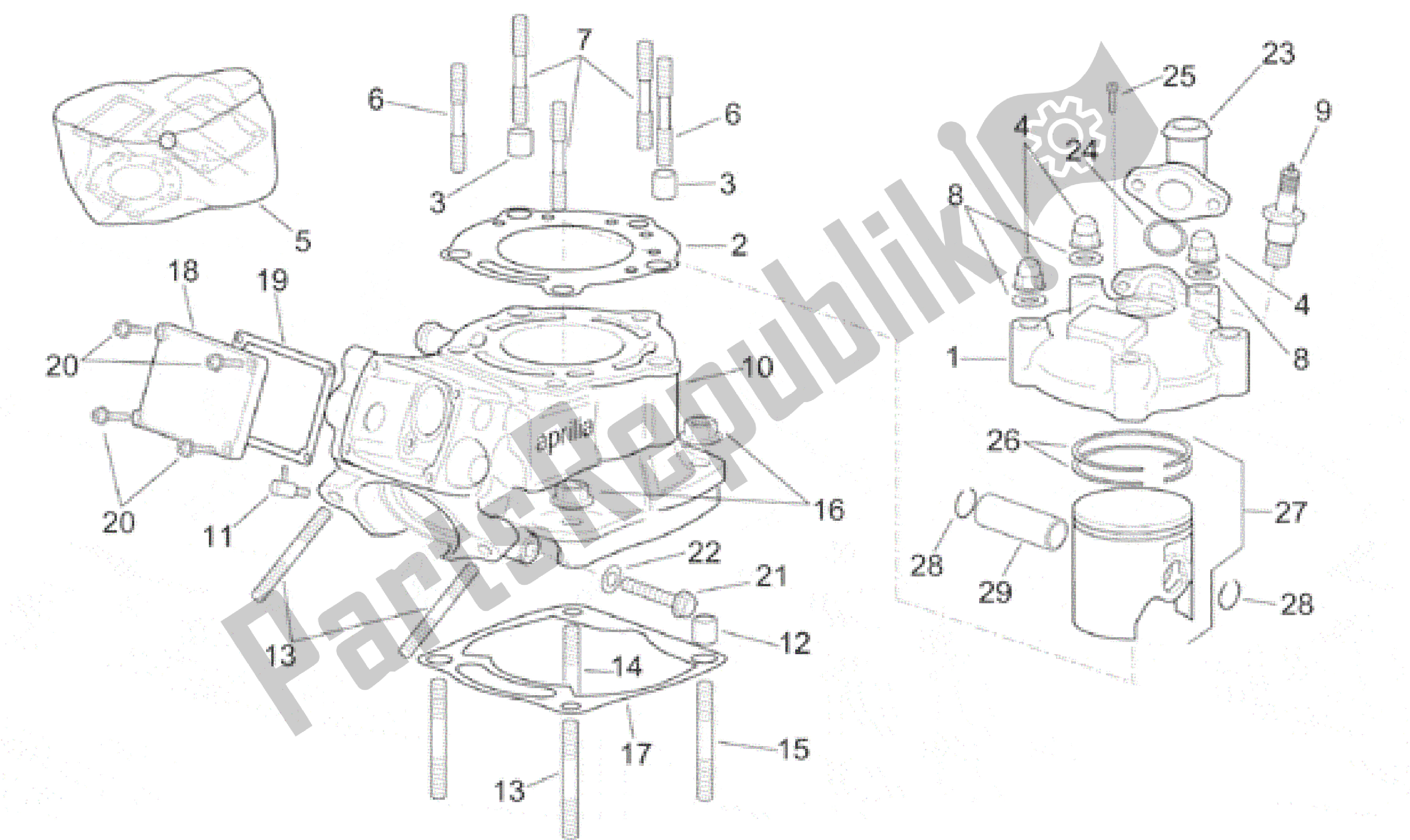All parts for the Vertical Cylinder Assembly of the Aprilia RS 250 1998 - 2001