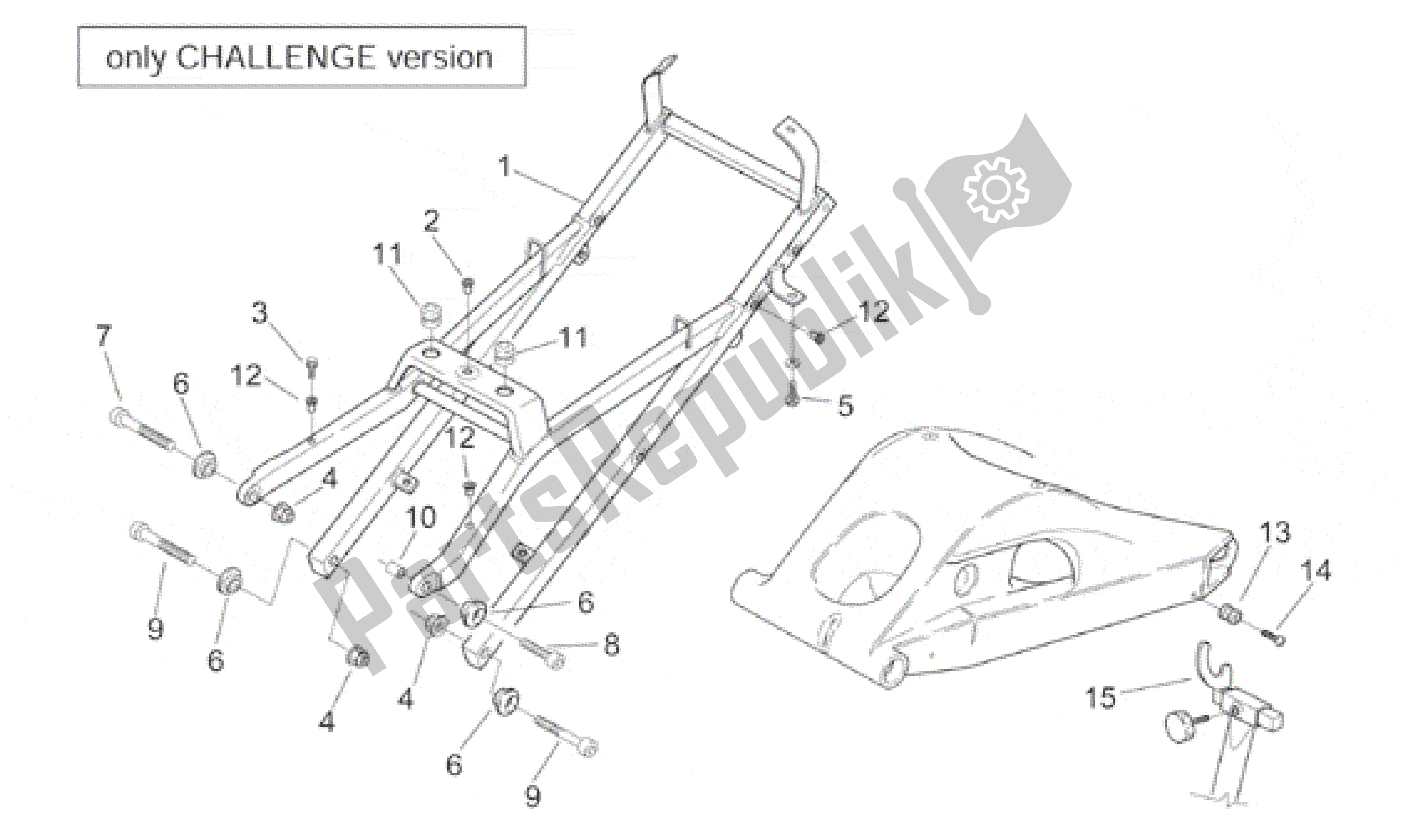 All parts for the Saddel Supp./swing Arm-chall. Vers. Of the Aprilia RS 250 1998 - 2001