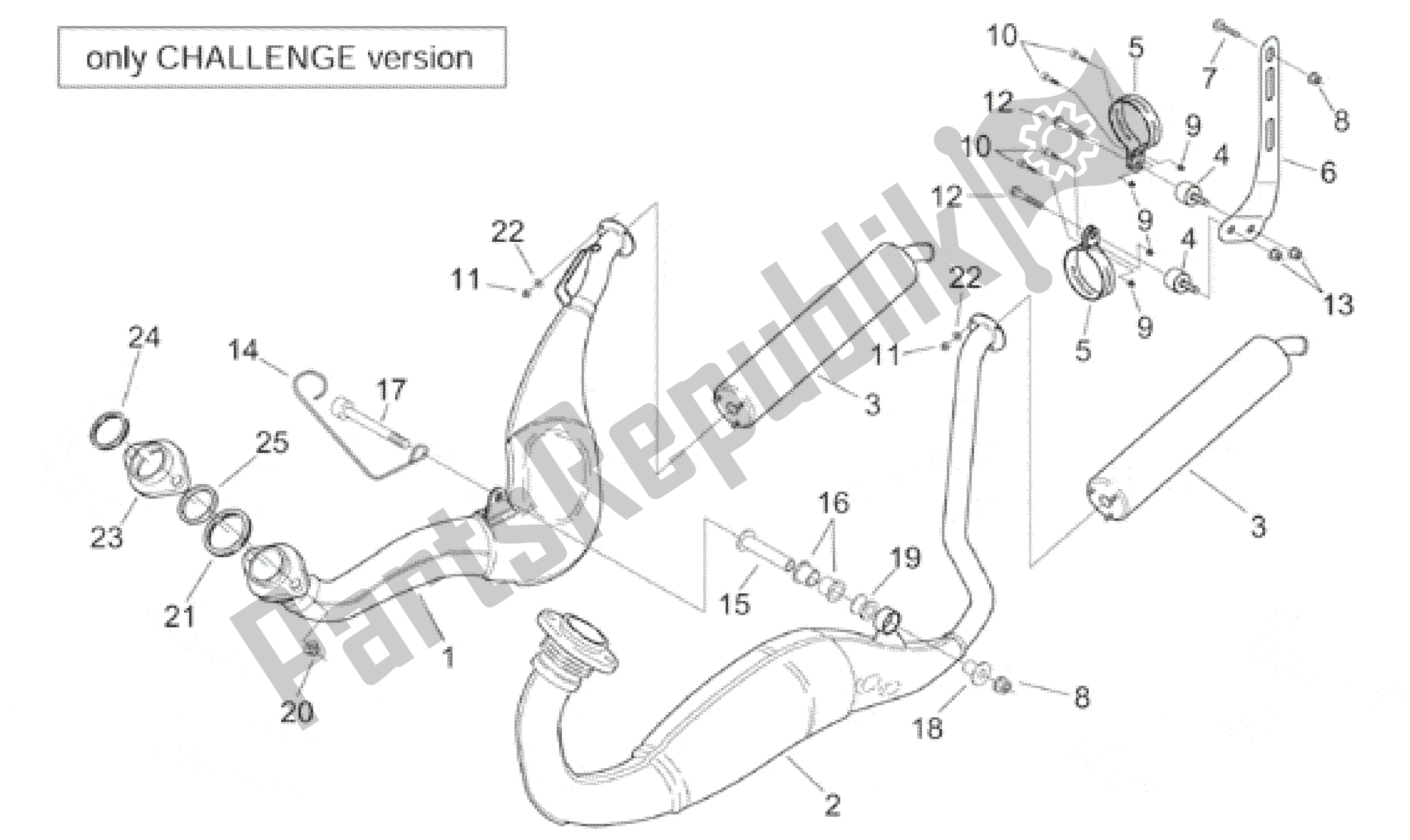 All parts for the Exhaust Unit - Challenge Version of the Aprilia RS 250 1998 - 2001